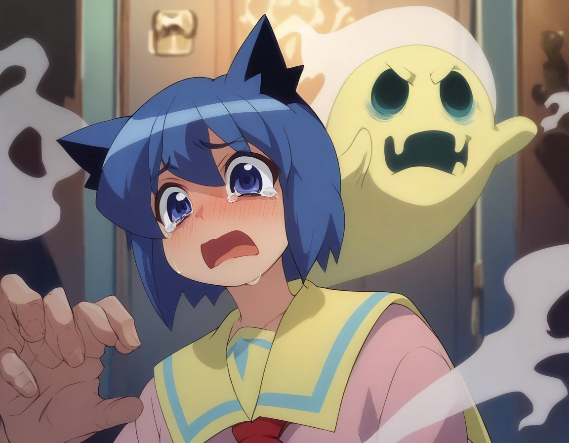 <lora:Smooth Anime 2 Style SDXL_LoRA_Pony Diffusion V6 XL:0.8> score_9, score_8_up, score_7_up, score_6_up, score_5_up, score_4_up, source_anime, BREAK, <lora:Serizawa Akane PONY:1> 1girl, serizawa akane, short hair, blue hair, blue eyes, animal ears, (yellow school uniform), in a haunted house, ghosts, scared, tears