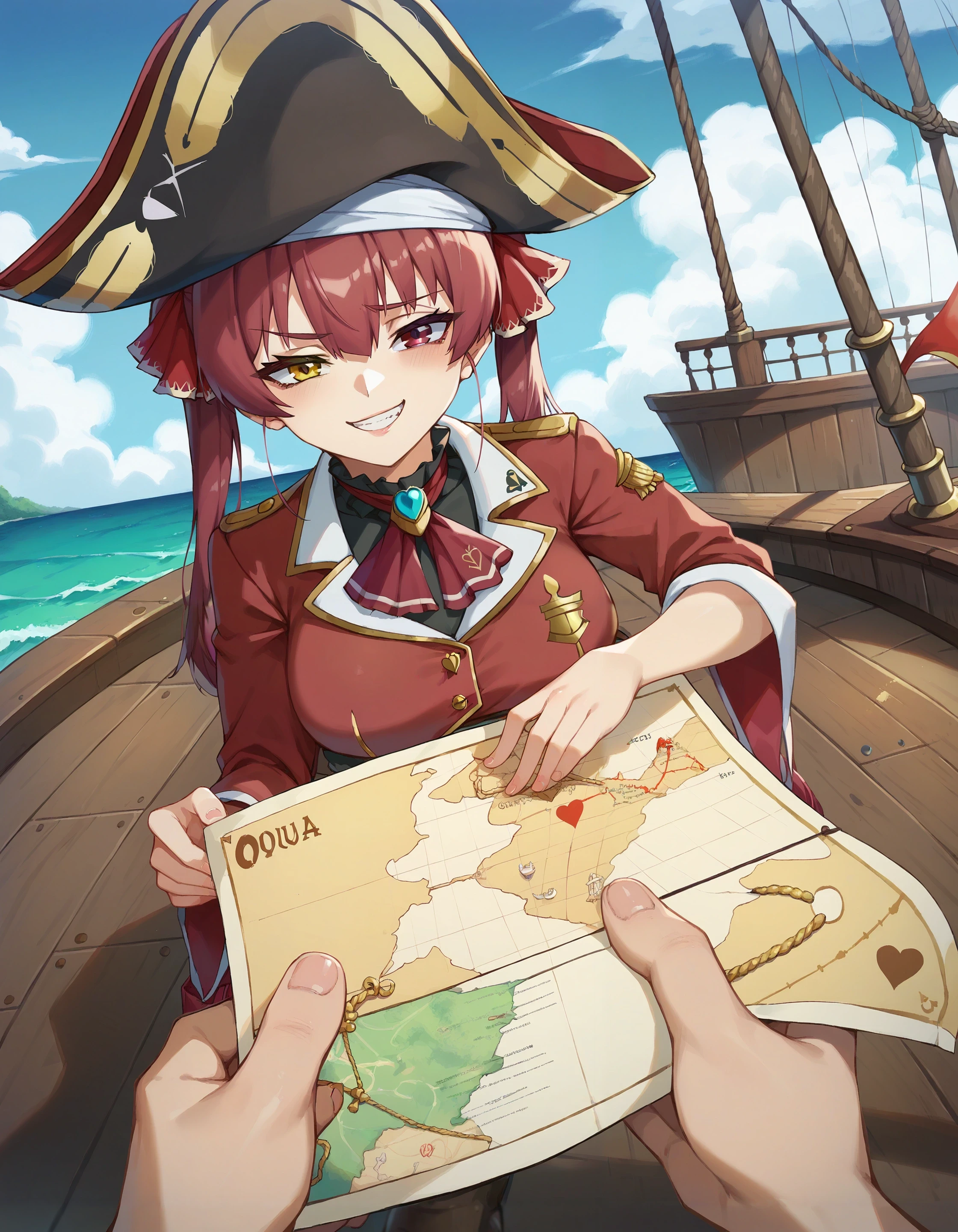 score_9, score_8_up, score_7_up,
pov holding map,
1girl, aua, red hair, heterochromia, smug, leaning back, pirate hat, full body,
cloudy sky, pirate ship, ocean,
<lora:concept_povholding-pony-v2:1>