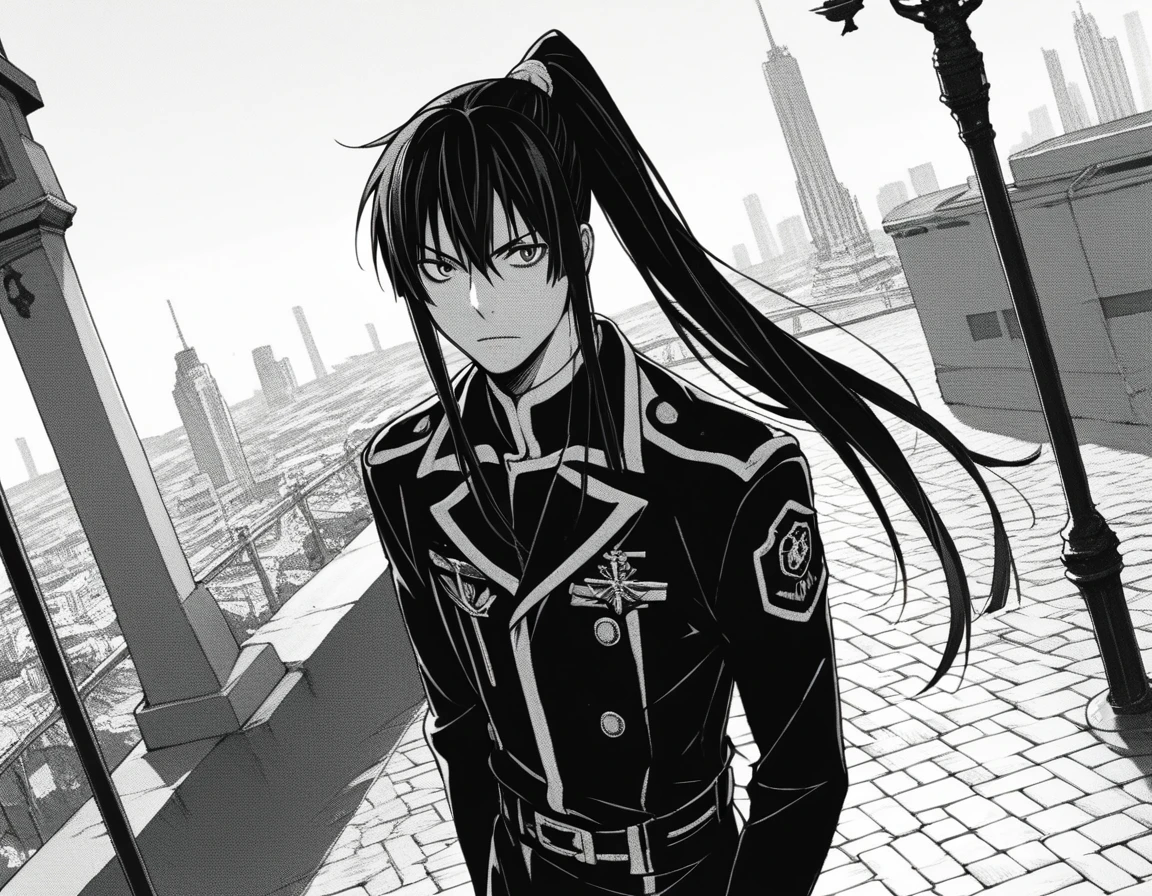score_9, score_8_up, score_7_up, source_anime,
yuukanda, <lora:yuu-kanda-manga-ponyxl-lora-nochekaiser:1>,
yuu kanda, long hair, monochrome, ponytail, greyscale, male focus,
gloves, uniform, military, military uniform,
outdoors, cityscape,
looking at viewer, solo, cowboy shot, dutch angle,