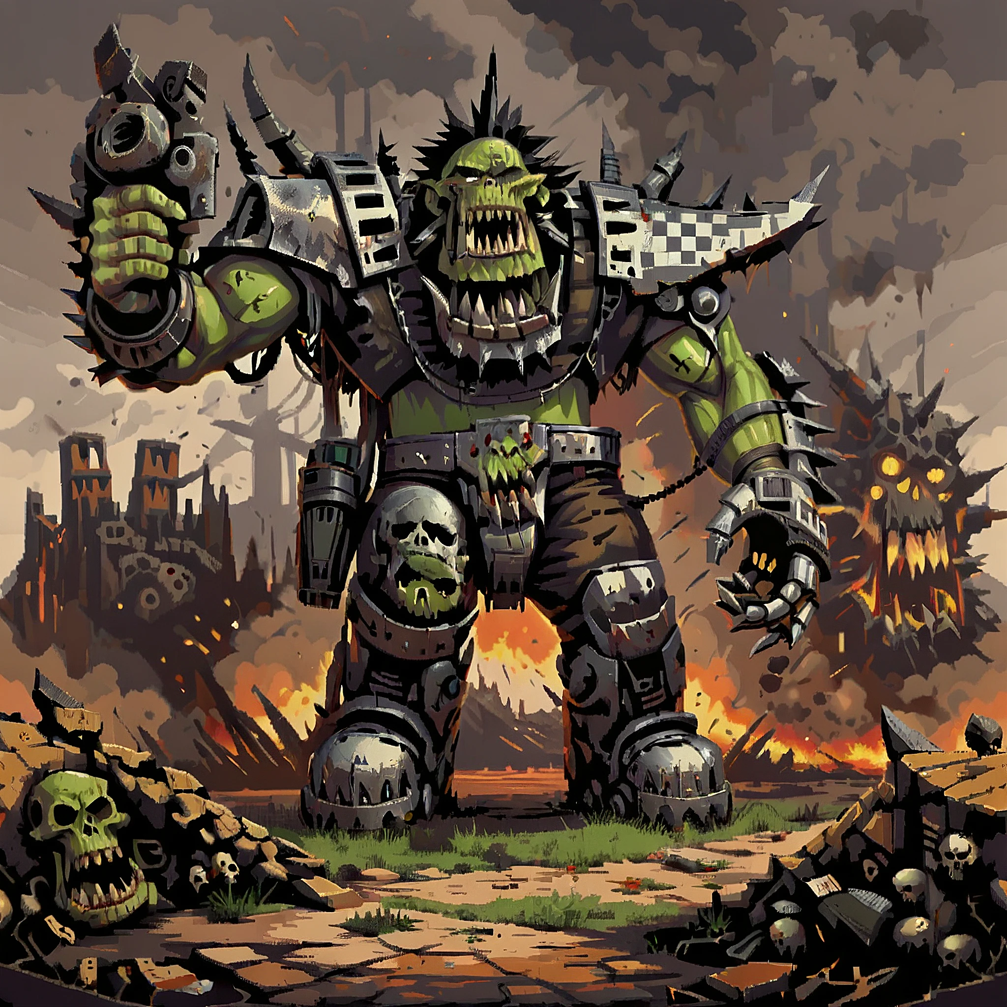 a huge warrior in a war machine, metal plates, armor, mecha, bolts, crude, scrap, jagged, spikes, whorks, green skin, teeth, skulls, rockets, explosions,