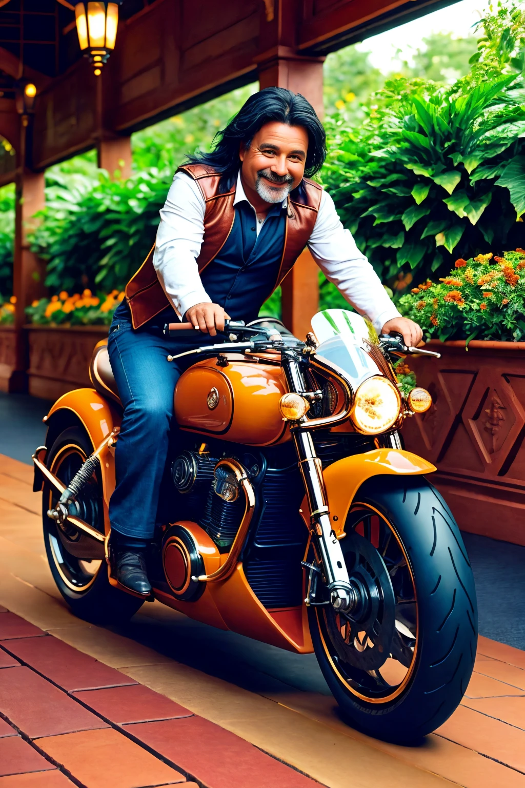 texture HDR photo of cinematic photo (middle aged man riding Terracotta color zzsbkzz:1.2), Blue black long hair, proud and confident smile expression, feeling of speed, reflection, Victorian Greenhouses with Exotic Plants background <lora:Futuristic Motorcycle Generator Concept v4.03-000008:1> . 35mm photograph, film, bokeh, professional, 4k, highly detailed . High dynamic range, vivid, rich details, clear shadows and highlights, realistic, intense, enhanced contrast, highly detailed top down close-up