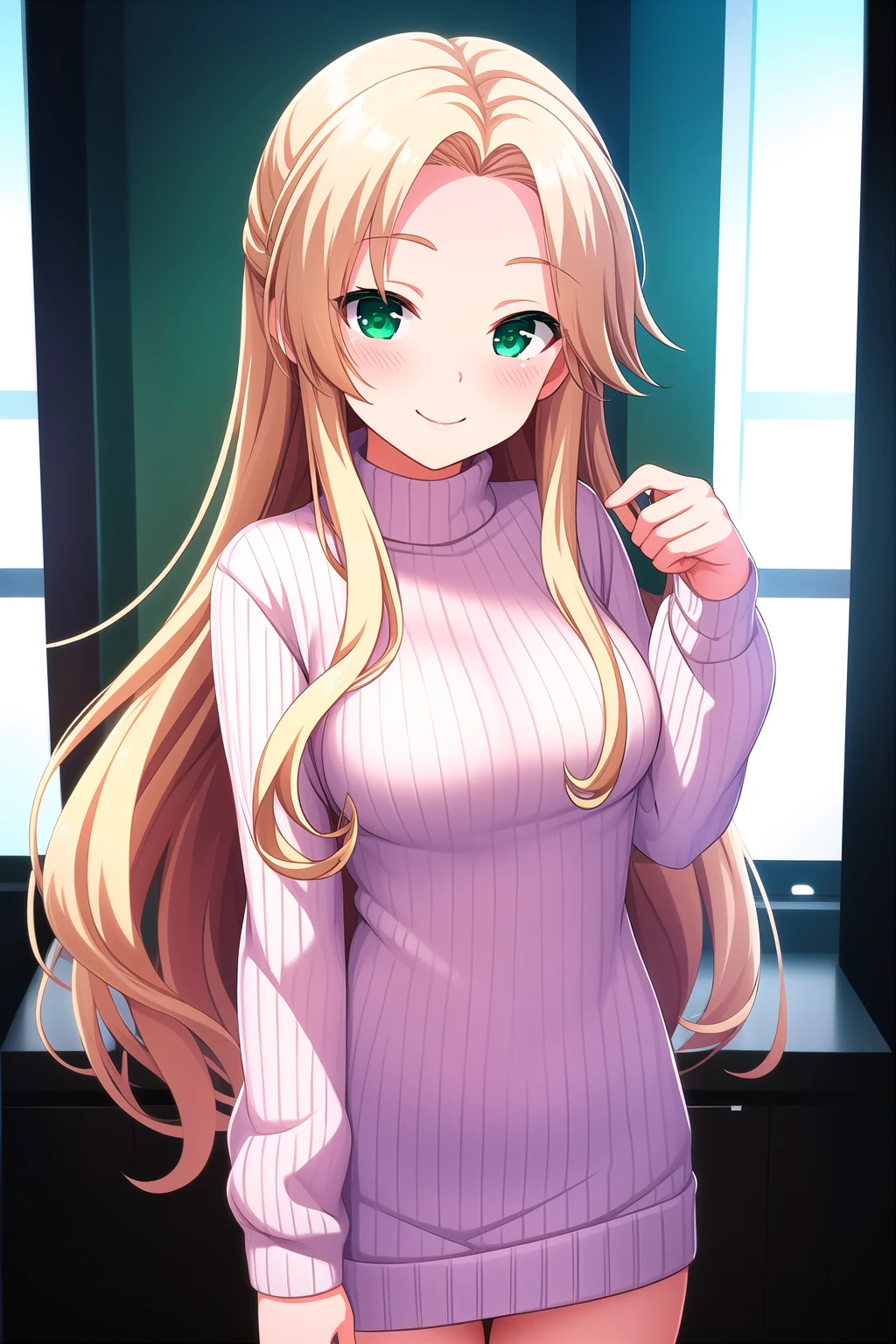 (masterpiece, best quality), highly detailed background, perfect lightingbest quality, hayashidakira, solo, indoors, bedroom, blonde hair, parted bangs, forehead, very long hair, green eyes, medium breasts, white sweater, sweater dress, aran sweater, ribbed sweater, smile, closed mouth, :), pink lips, <lora:Hayashida-Kira:0.7>