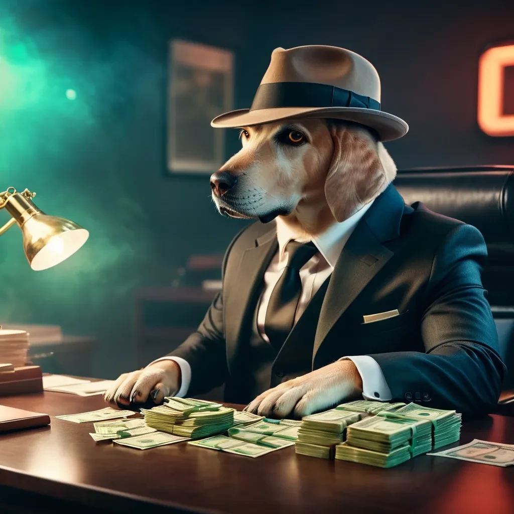 retro style Labrador Dog  with money on desk in office wearing a mafia suit and fedora hat, cigar, smokey neon glow, cinematic photo <lora:Labrador Dog:1.2>