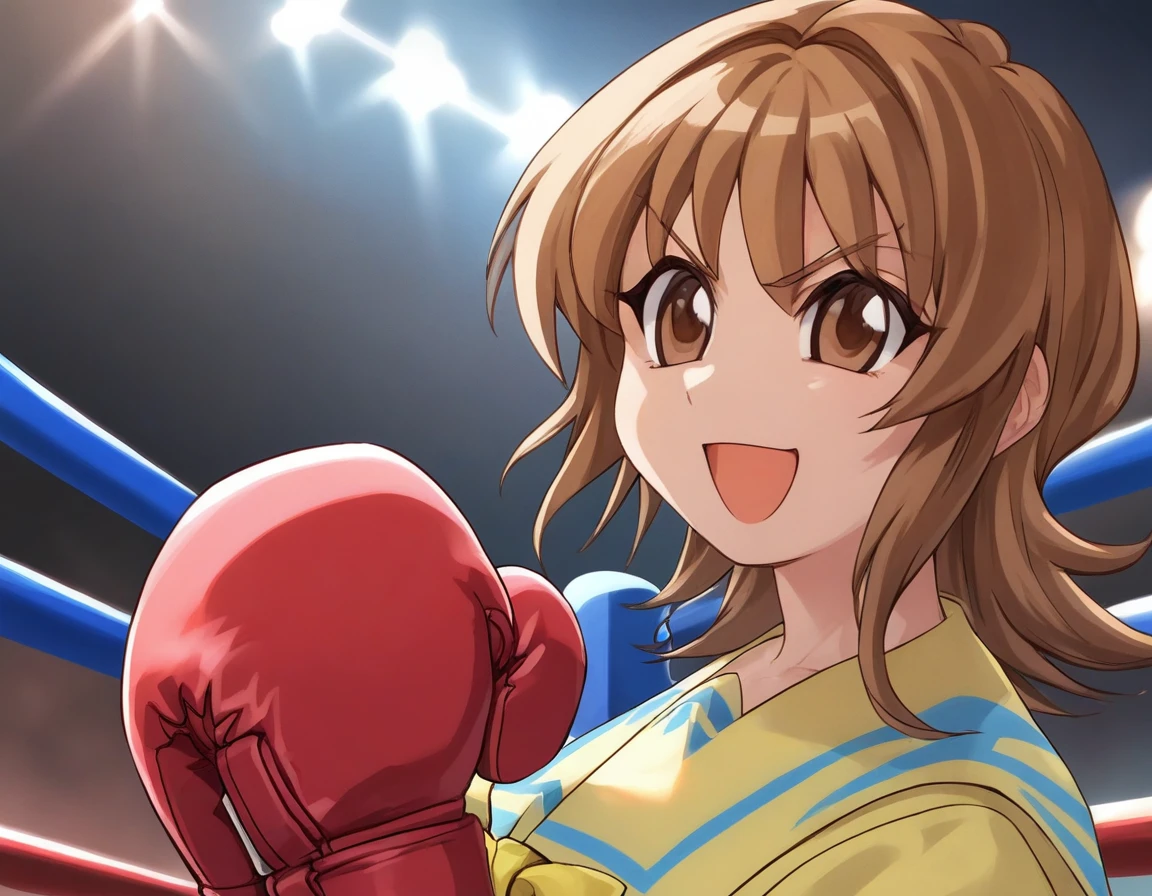 <lora:Smooth Anime 2 Style SDXL_LoRA_Pony Diffusion V6 XL:0.8> score_9, score_8_up, score_7_up,  score_6_up, score_5_up, score_4_up,  source_anime,  BREAK,  <lora:Momose Kurumi PONY:1> 1girl, momose kurumi, brown hair, brown eyes, yellow school uniform, in a boxing match, boxing gloves, evil smile