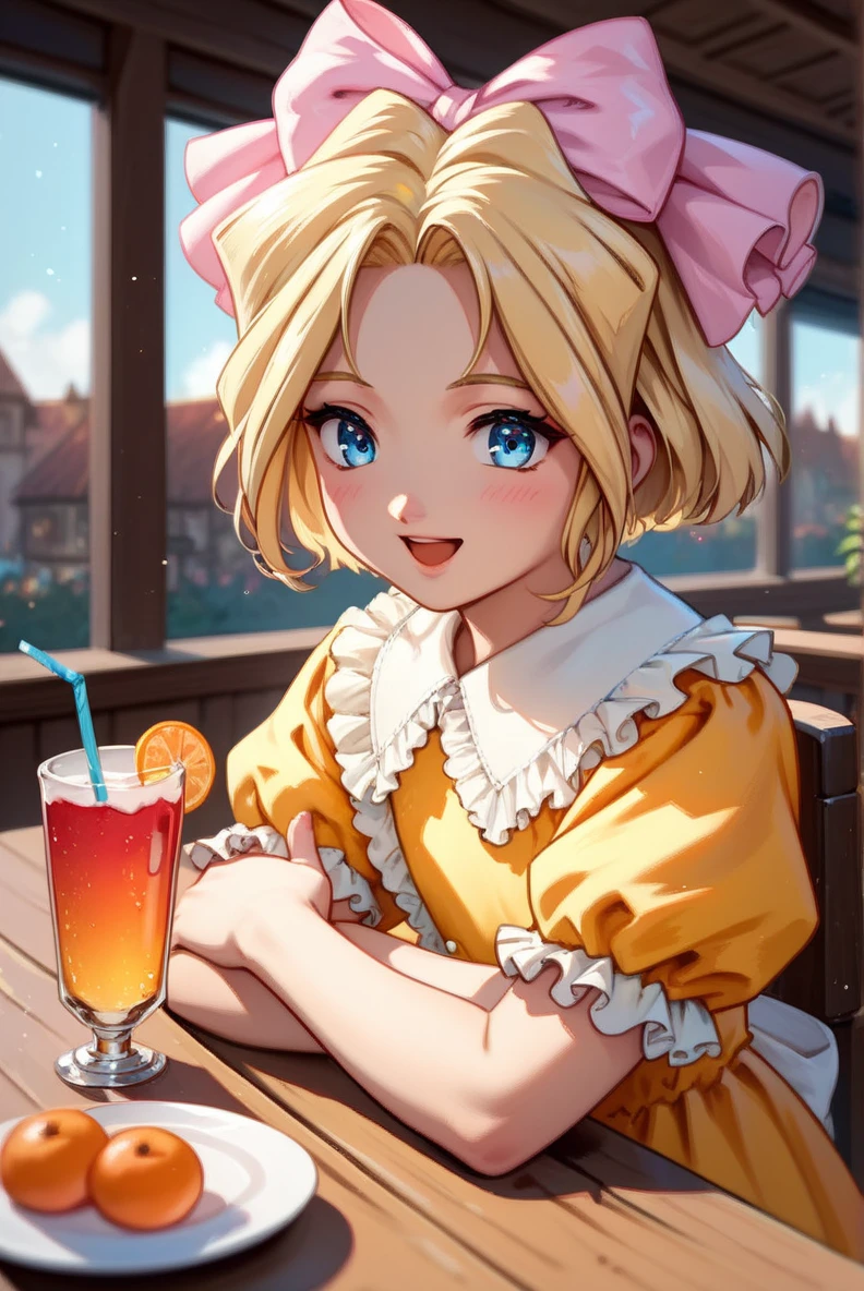 score_9, score_8_up, score_7_up, very aesthetic, source_anime, detailed, high quality, beautiful, masterpiece, detailed eyes,
village, blurry background,
<lora:lightXL:0.8>
cowboy shot, upper body,
restaurant, sitting, smile, closed eyes, open mouth, blush, drink, table,
<lora:iris_autismConfetti_v01:0.95>flat chest,
irisBase, blonde hair, blue eyes, hair bow, pink bow, short hair, parted bangs,
yellow dress, frills, white puffy sleeves, short sleeves, layered dress, lace white socks, orange footwear,, zPDXL