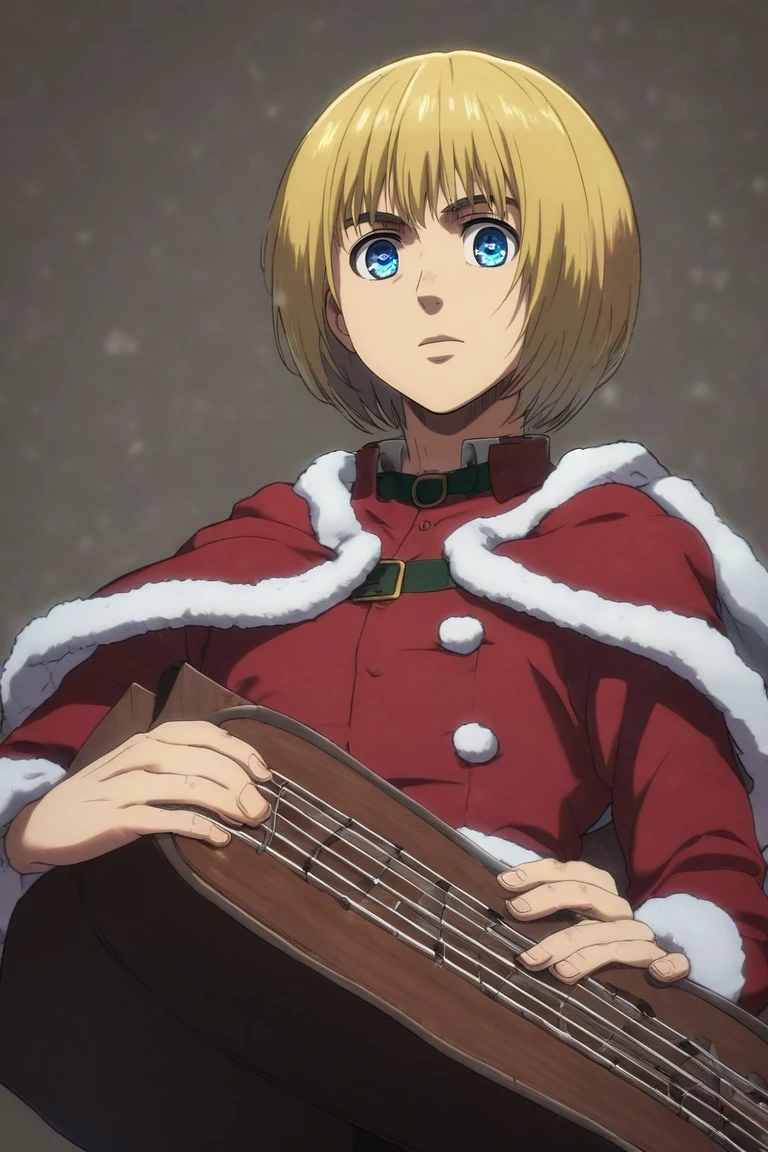 score_9, score_8_up, score_7_up, source_anime, rating_safe, intricate details, (realistic:0.6), , , 1boy, solo, male focus, <lora:armin_arlert_pony:0.82>, armin_arlert, blonde hair, blue eyes, short hair, bob cut, bangs, from below, dock, light, holding instrument, sparkling eyes, christmas costume, <lora:sdxl_lightning_8step_lora:1>