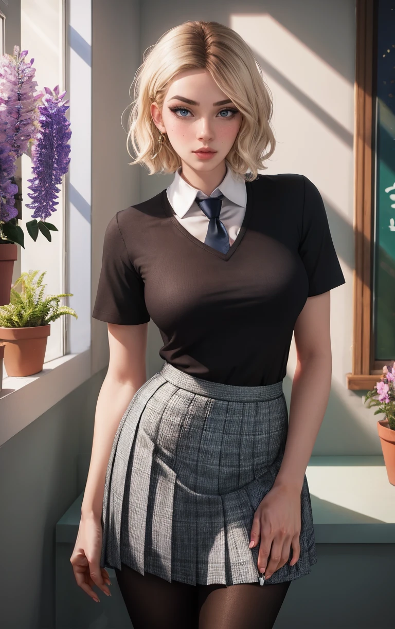 Dress_SpiderVerse_GwenStacy_ownwaifu,
1girl, blonde hair, eyebrow piercing, medium hair, short hair, blue eyes, lips, nose, bangs, freckles, blush, piercing, breasts, medium breasts, jewelry, makeup,
collared shirt, white shirt, black shirt, shirt, short sleeves, necktie, pleated skirt, skirt, black pantyhose, school uniform,
<lora:CARTOON_SpiderVerse_GwenStacy_ownwaifu:0.7>,
((masterpiece)),((best quality)),(highres, absurdres), original, official_art, chromatic_aberration, bokeh, depth_of_field, window, wisteria, loaded_interior, skylight, sunset, indoors, window_shade, potted_plant, focused, looking at viewer, solo, cowboy shot,