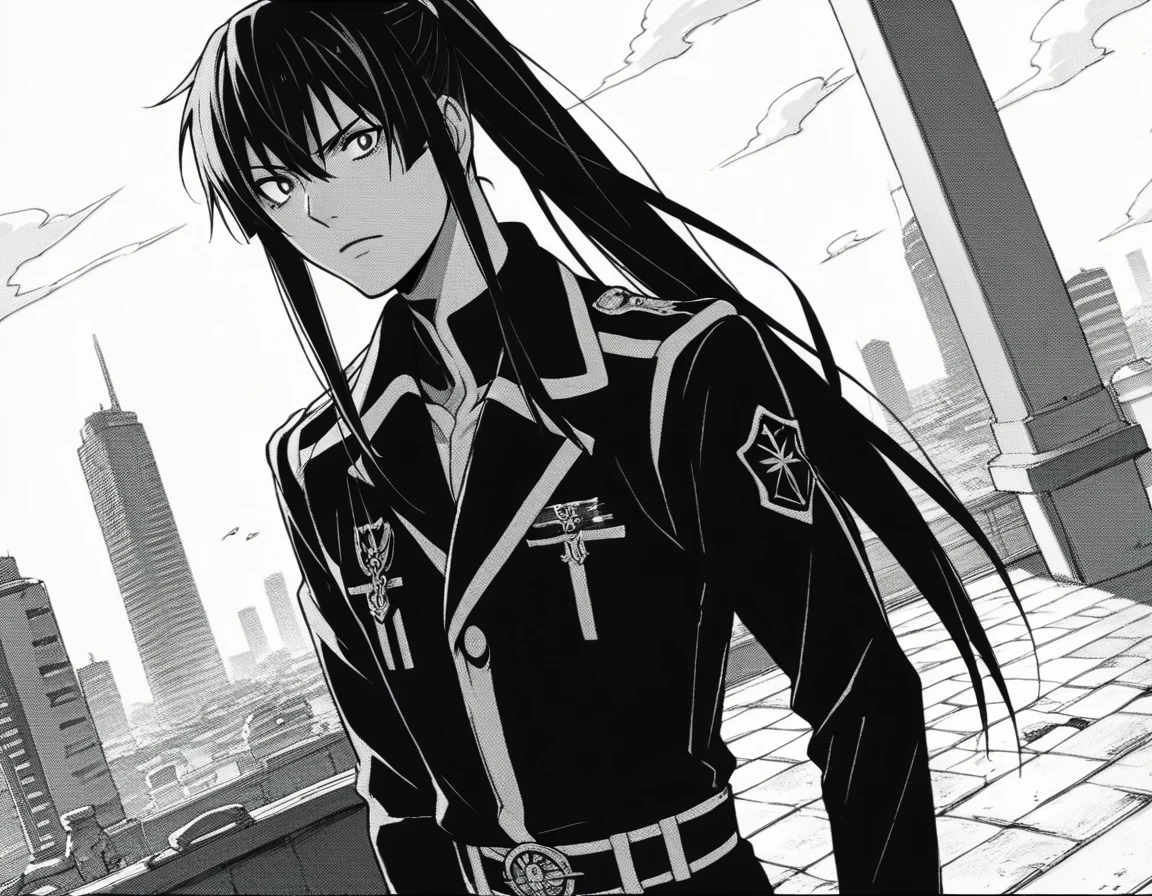 score_9, score_8_up, score_7_up, source_anime,
yuukanda, <lora:yuu-kanda-manga-ponyxl-lora-nochekaiser:1>,
yuu kanda, long hair, monochrome, ponytail, greyscale, male focus,
gloves, uniform, military, military uniform,
outdoors, cityscape,
looking at viewer, solo, cowboy shot, dutch angle,