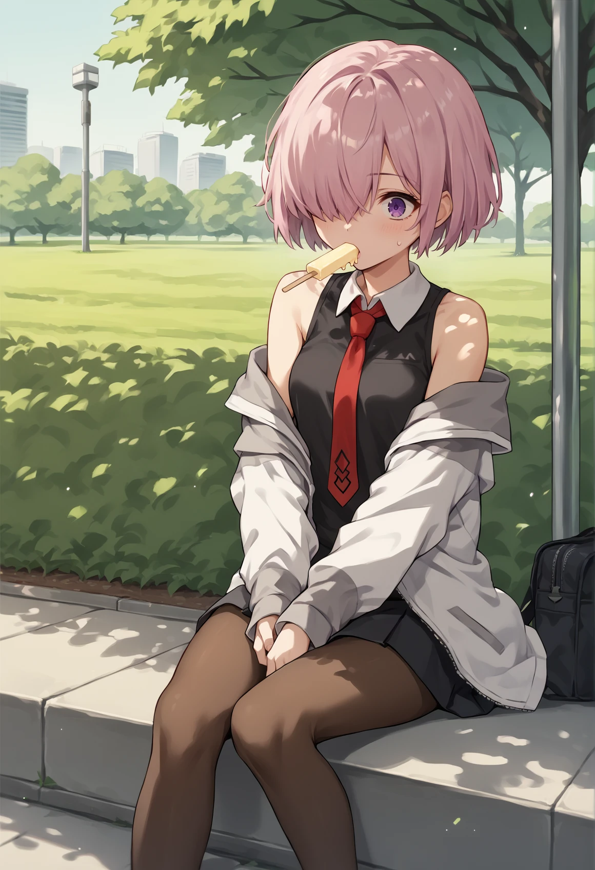 1girl, short hair, pink hair, purple eyes, hair over one eye, black shirt, white collar, red necktie, Two-Tone Jacket, white jacket, grey sleeves, long sleeves, skirt, pantyhose, outdoors, sitting, park, off shoulder, bare shoulder, popsicle <lora:Mashu:1>, score_9, score_8_up, score_7_up, score_6_up, score_5_up, score_4_up, BREAK source_anime, masterpiece