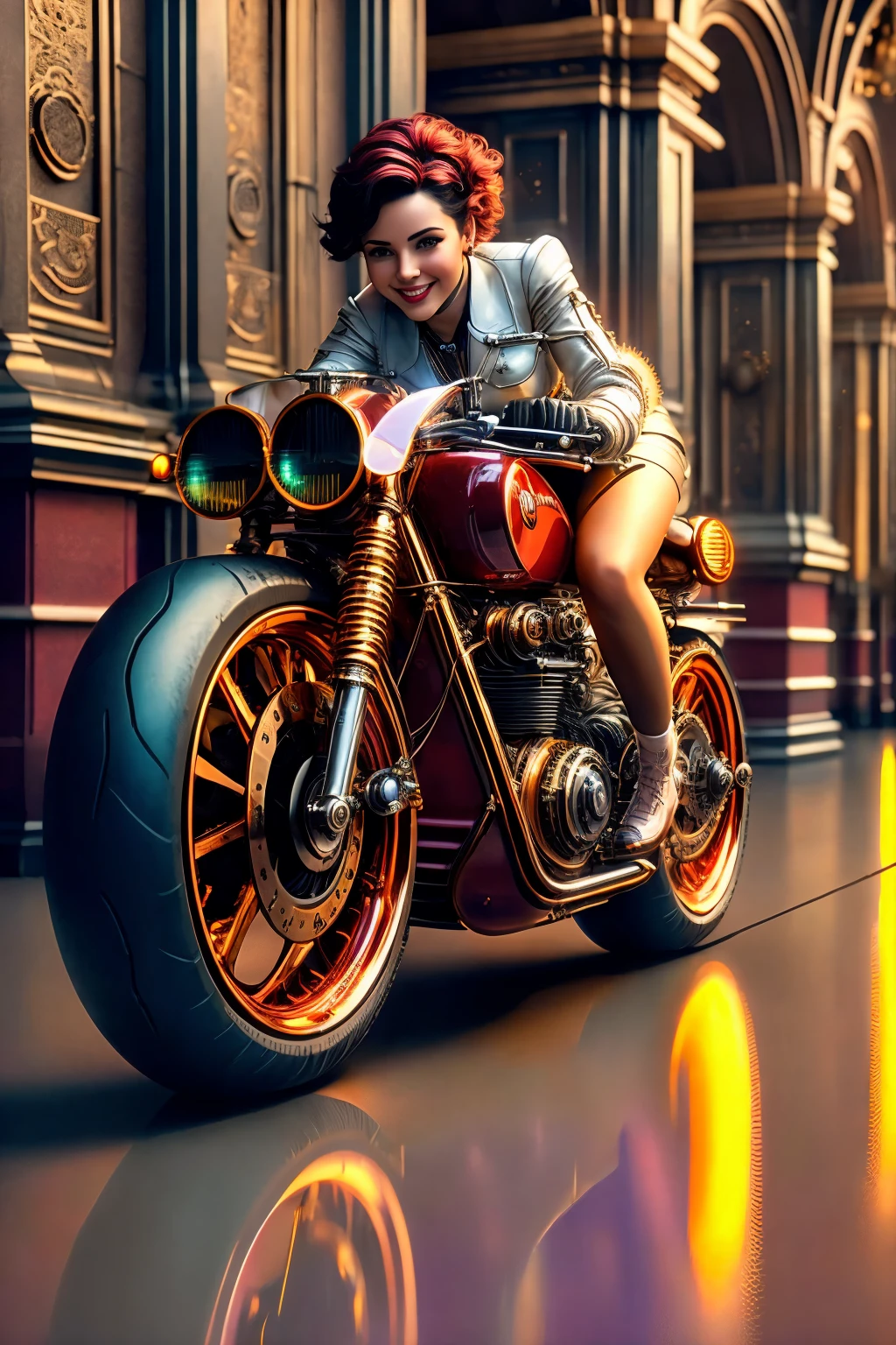 Steampunk, HDR photo of cinematic photo (young woman riding Neon Red color zzsbkzz:1.2), Silver very short hair, proud and confident smile expression, feeling of speed, reflection, full body view, zzsbkzz focus, Symphony Hall Interiors background <lora:Futuristic Motorcycle Generator Concept v4.03-000008:1> . 35mm photograph, film, bokeh, professional, 4k, highly detailed . High dynamic range, vivid, rich details, clear shadows and highlights, realistic, intense, enhanced contrast, highly detailed, retrofuturistic science fantasy, steam-powered tech, vintage industry, gears, neo-victorian, steampunk