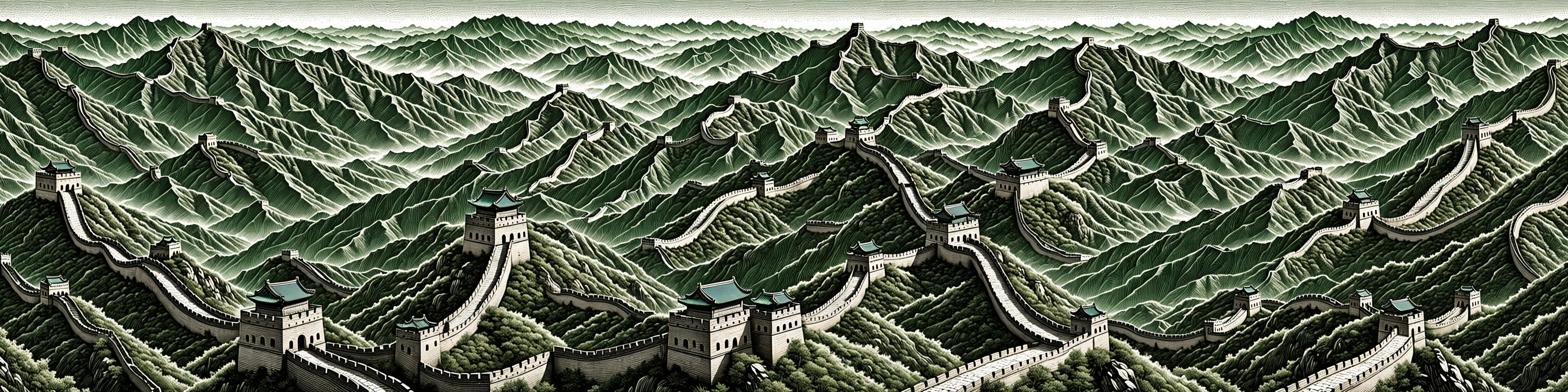 The Great Wall is made up of continuous detailed lines winding and lengthening,((digital carving style)),masterpiece,high quality,colorful,beautiful,crazy detail,<lora:changcheng_V0-000002:0.4>,bigc,digital engraving,Cash green,(((The whole picture is made up of diagonal lines))),