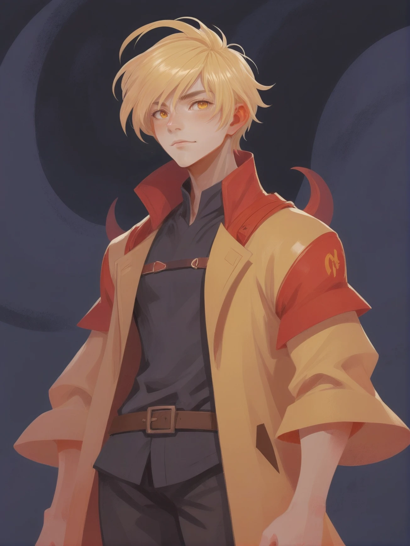 stylized digital painting, (full body:1.2), 1boy, man, ruggedly handsome, solo, [:creative costume design,:0.2] battlemage, tomato trenchcoat, chinese, pastel lightyellow hair, (athletic:1) build, beautiful scifi hamlet outside of time<lora:EnvyStarlightStylized01:1>