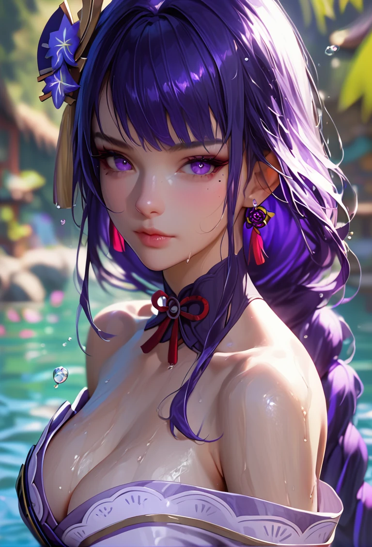 score_9, score_8_up, score_7_up, 1girl, solo, long hair, breasts, looking at viewer, bangs, hair ornament, dress, cleavage, bare shoulders, jewelry, purple eyes, upper body, purple hair, braid, earrings, choker, water, mole, blurry, wet, blurry background, raiden shogun