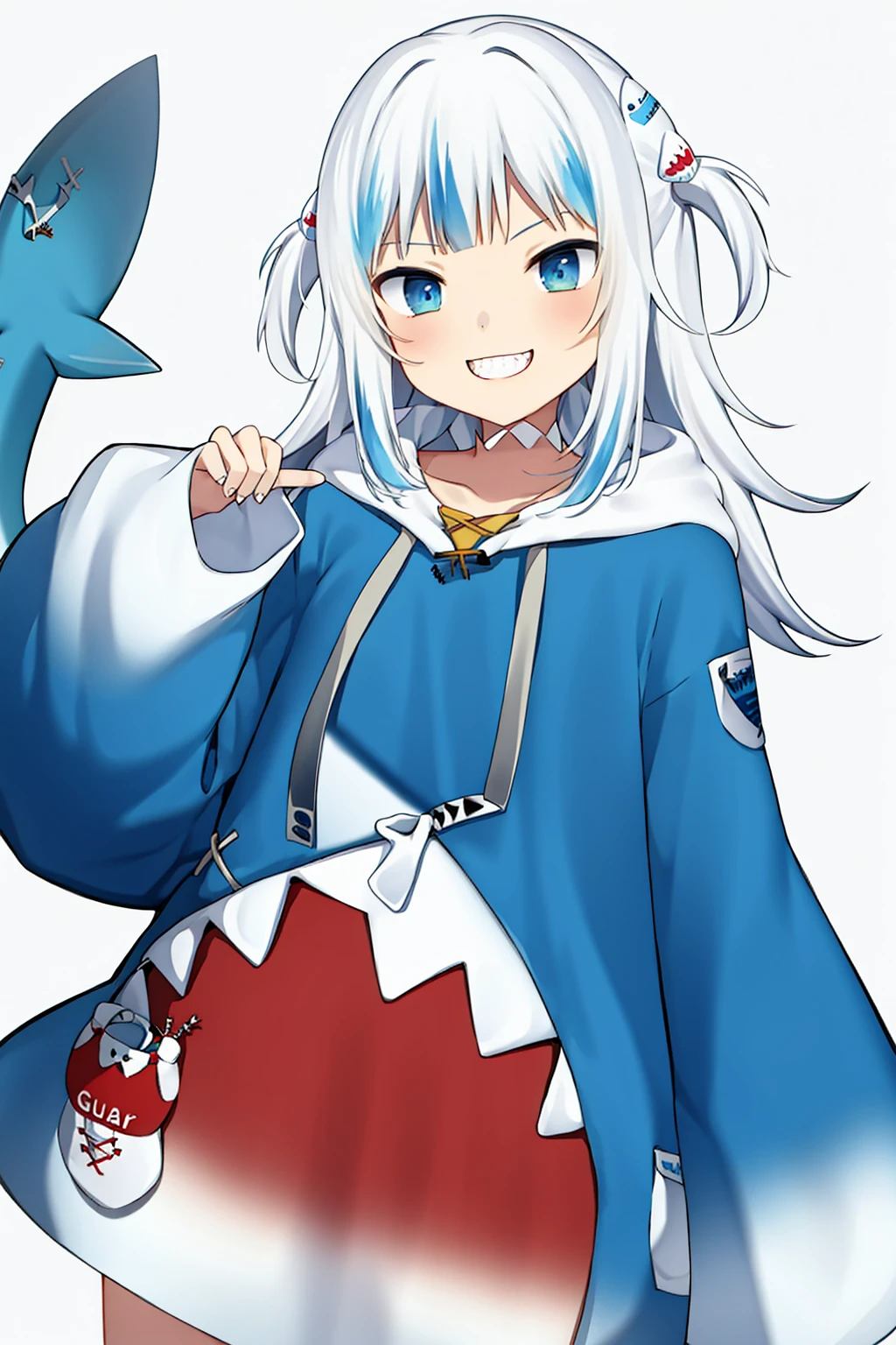 <lora:gura_v1.1-000010:0.9>, gawr gura, gura_shark_outfit, 1girl, solo, best quality, masterpiece, highres, looking at viewer, cowboyshot, blue shark-themed clothing with red teeth pattern, hoodie with shark teeth, shark hoodie, white hair, white headband, shark tail, (solid white background:1.3 ), hair ornament, smile, front view