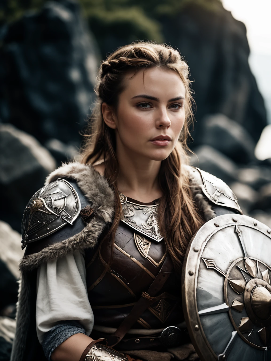 cinematic film still cinematic film still portrait photo of a woman, brown hair, as a viking Valkyrie with shield, sitting on a rock, realistic, pale skin   high detail. shallow depth of field, vignette, highly detailed, high budget, bokeh, cinemascope, moody, epic, gorgeous, film grain, grainy . <lora:Kr1ssy_C:1> kr1ssy_c