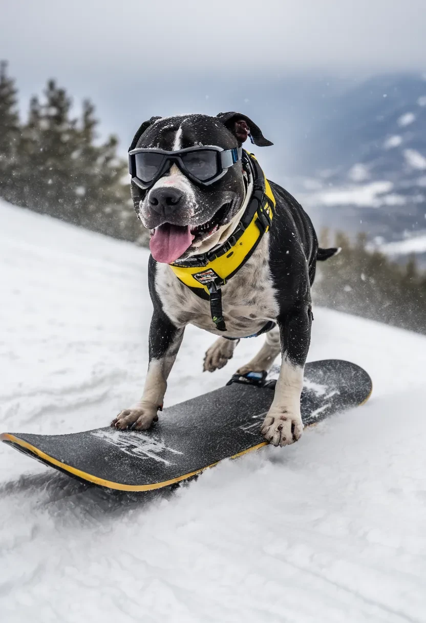 high quality action shot of a laughing Black Pitbull Dog wearing snowboarding goggles, riding on a snowboard down a mountain in a snow storm, Cinematic, award winning photography, HD, 8k, insane details, vivid color, natural light <lora:Black_Pitbull_Dog:0.75>