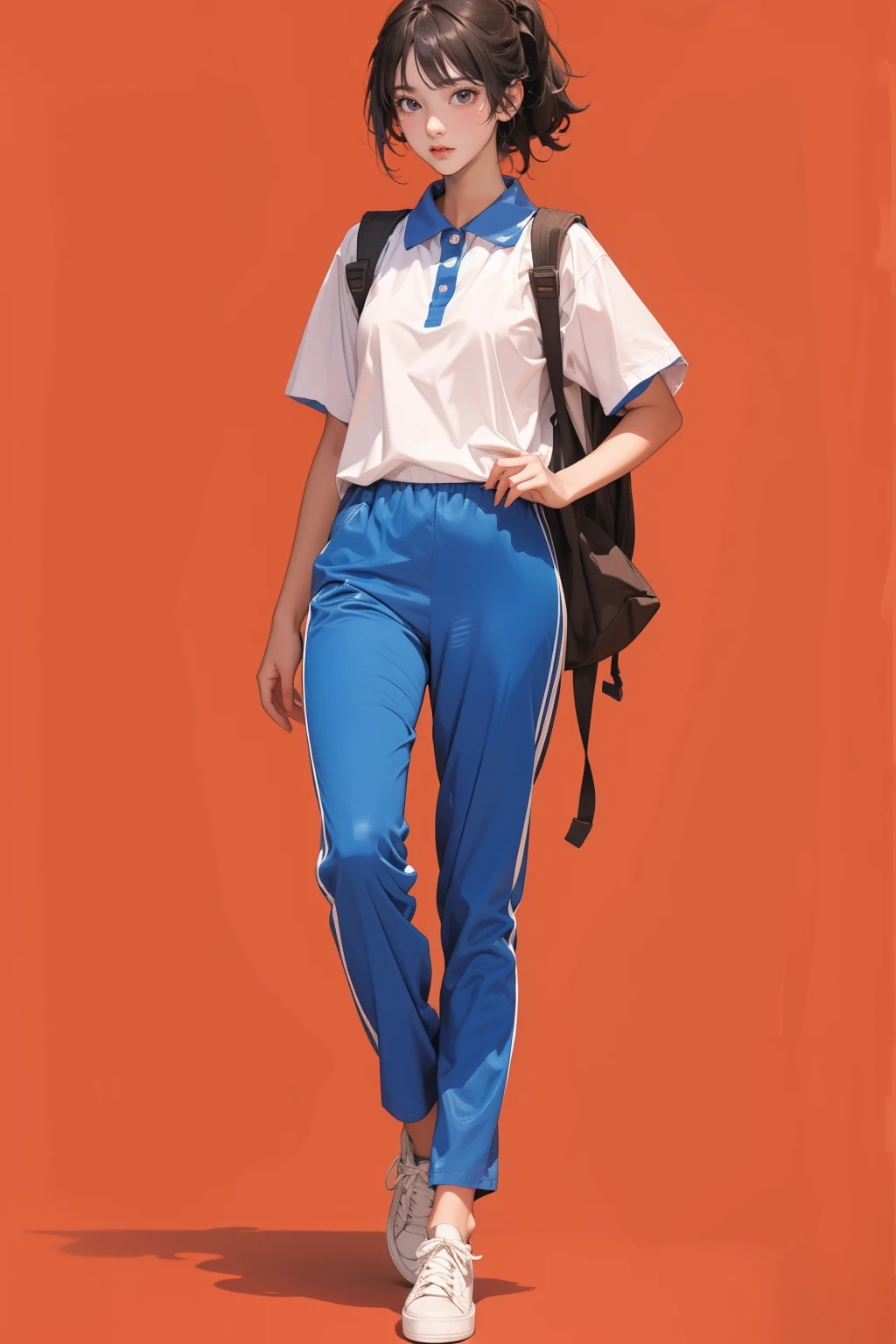 1girl,solo,full body,red background,standing,,ruanyi0533,backpack,blue pants,collared shirt,short sleeves,striped,sneakers,<lora:0533 Shen Jiayi_v1:1>, best quality,masterpiece,highres,official art,extremely detailed cg unity 8k wallpaper