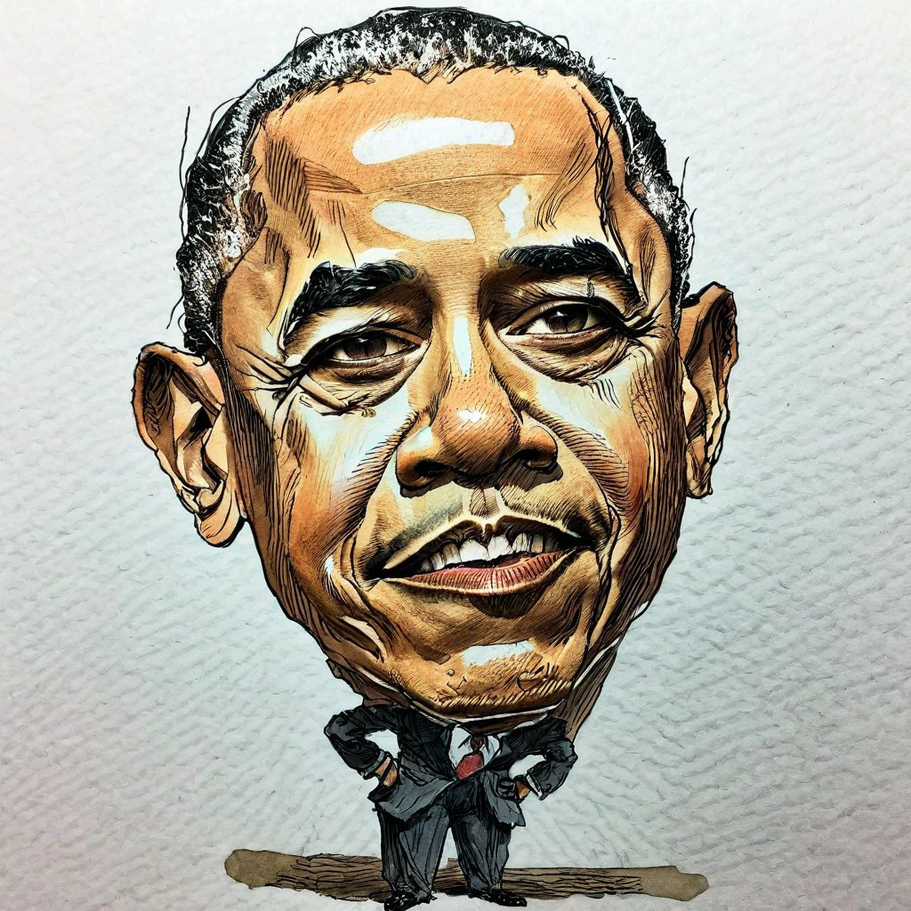 (extremely rough:1.5) (hand drawn:1.5) ink and color (sketch:1.5) of Barack Obama, caricature in cuneo style, (full character:1.4), (irregular lines:1.5), complete outfit, candid pose, extremely detailed, (surreal:1.5), paper texture background <lora:Cuneo_Style_XL_LyCoris_v1.6:1> <lora:add-detail-xl:0.4>