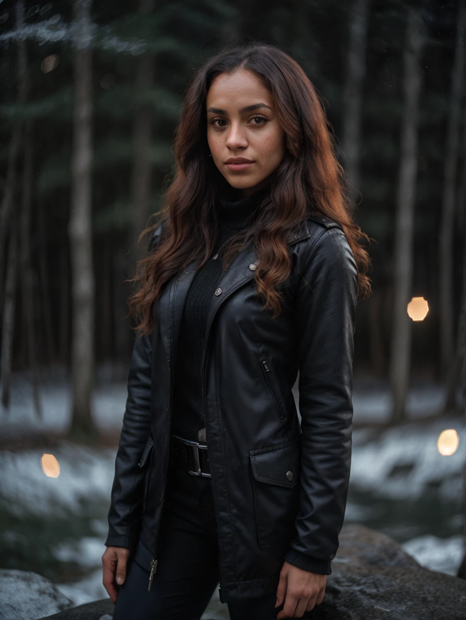 professional digital photo, tv_Akua_MXAI, (((Ultra-HD-details, Ultra-HD-detailed, Ultra-HD-realistic))), , , sad expression, wearing a winter coat, wearing winter pants, wearing winter boots, sitting on a rock by a frozen mountain lake, midnight, moonlight, shot from the side,, 8k resolution, highres, high detail, sharp focus, detailed skin, 8k uhd, bokeh, analog photography