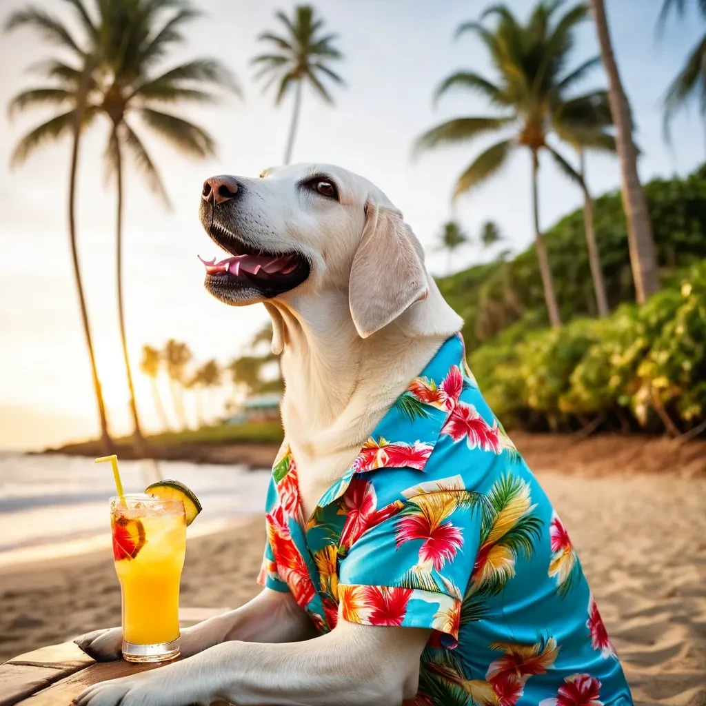 smiling Labrador dog wearing Hawaiian shirt and sipping drinks by the ocean, tropical resort, palm trees, rainbows <lora:Labrador Dog:1>, Cinematic photography, movie mood, cinematic light, compelling composition, storytelling elements, conveys emotion, mood, and narrative depth, creating visually striking images that feel like still frames from a film