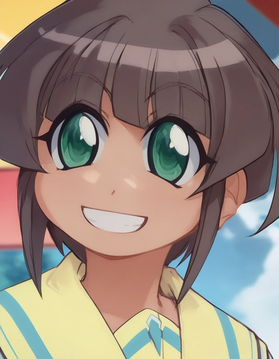<lora:Smooth Anime 2 Style SDXL_LoRA_Pony Diffusion V6 XL:0.8> score_9, score_8_up, score_7_up, score_6_up, score_5_up, score_4_up, source_anime, BREAK, <lora:Watanuki Hibiki PONY:1> watanuki hibiki, short hair, brown hair, green eyes, yellow school uniform, solo, smile