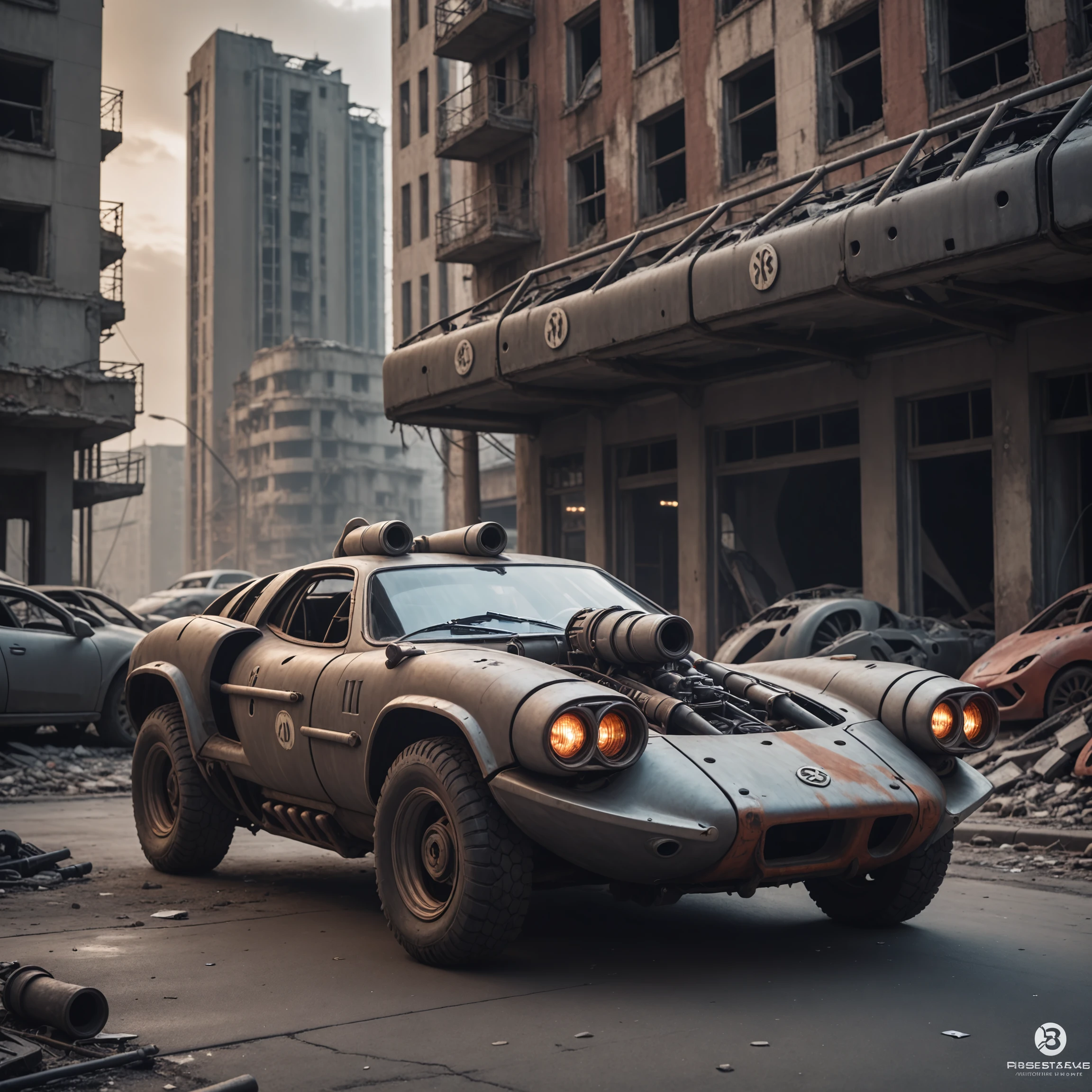 cinematic film still an futuristic cyberpunk,gun turret, dieselpunk sports car in a destroyed city after an nuclear blast . shallow depth of field, vignette, highly detailed, high budget, bokeh, cinemascope, moody, epic, gorgeous, film grain, grainy, high quality photography, 3 point lighting, flash with softbox, 4k, Canon EOS R3, hdr, smooth, sharp focus, high resolution, award winning photo, 80mm, f2.8, bokeh