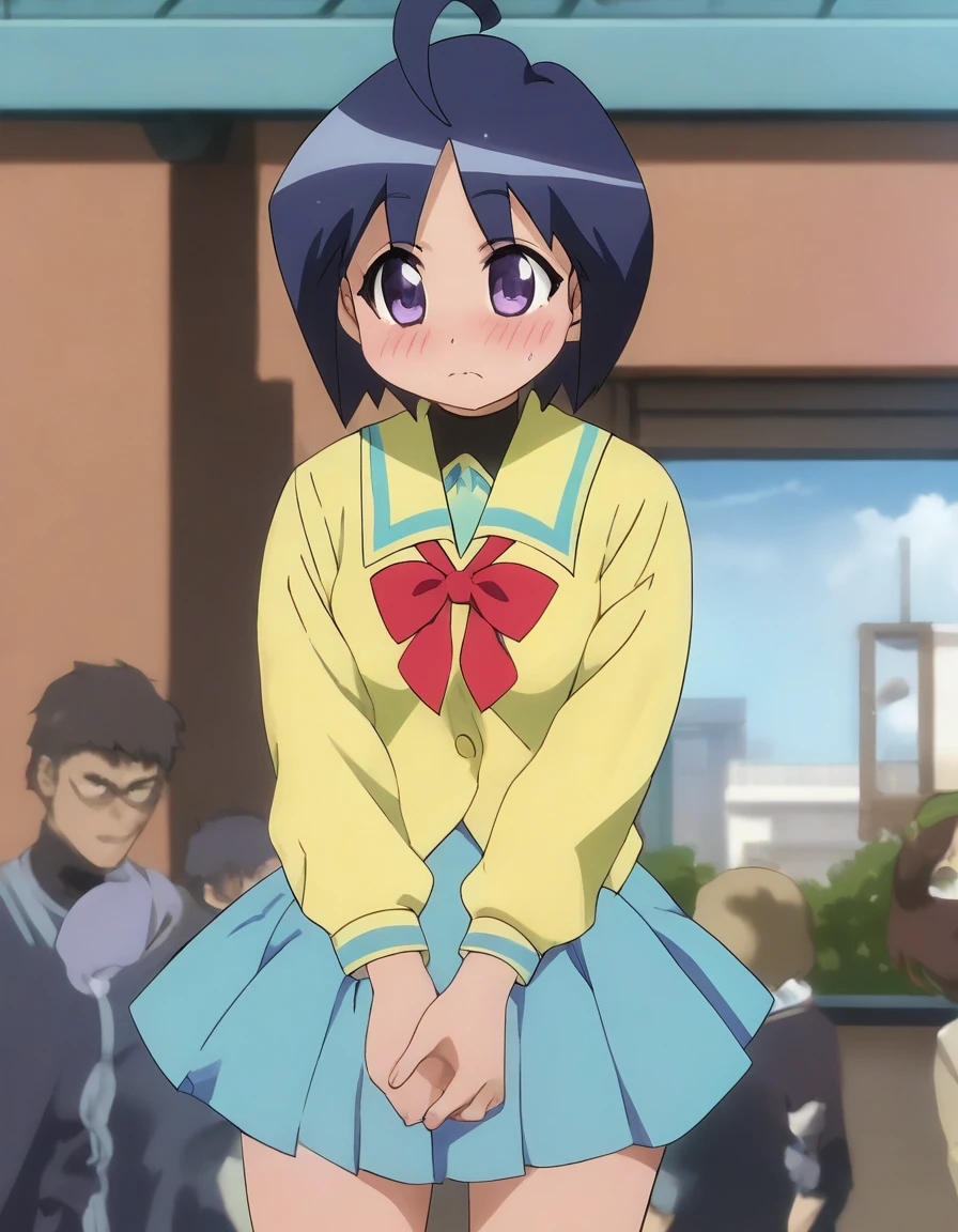 <lora:Smooth Anime 2 Style SDXL_LoRA_Pony Diffusion V6 XL:0.8> score_9, score_8_up, score_7_up, score_6_up, score_5_up, score_4_up, source_anime, BREAK, <lora:Katagiri Himeko PONY:1> 1girl, katagiri himeko, short hair, blue hair, yellow school uniform, ahoge, purple eyes, skirt, blushing, outside, sunny