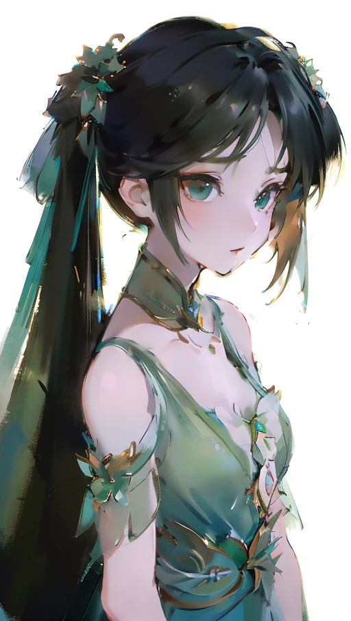 <lora:biyao:1>,biyao,1girl,solo,twintails,green dress,dress,(white background:1.5),upper body,Emerald,hair ornament,looking at viewer,black hair,long hair,(simple background:1.4),brown hair,clothing cutout,chinese clothes,shoulder cutout,
<lora:Freehand_Brushwork:0.3>,monochrome,lineart,(very long hair:1.3),
portrait,dynamic_angle,front view,kittew,cuteg,flat chest,small_breasts,best quality,masterpiece,illustration,an extremely delicate and beautiful,extremely detailed,CG,unity,8k wallpaper,Amazing,finely detail,masterpiece,best quality,official art,extremely detailed CG unity 8k wallpaper,absurdres,incredibly absurdres,huge filesize,ultra-detailed,highres,extremely detailed,beautiful detailed girl,extremely detailed eyes and face,beautiful detailed eyes,light on face,, best quality , masterpiece, illustration, an extremely delicate and beautiful, extremely detailed ,CG,unity,8k wallpaper, Amazing, finely detail, masterpiece, best quality,official art,extremely detailed CG unity 8k wallpaper,absurdres, incredibly absurdres, huge filesize , ultra-detailed, highres, extremely detailed,beautiful detailed girl, extremely detailed eyes and face, beautiful detailed eyes,light on face,