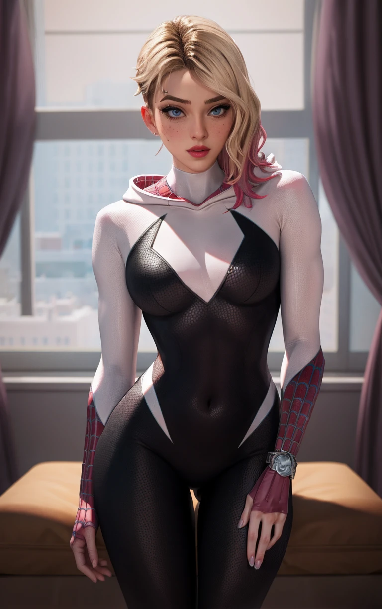 Costum_AcrossSpiderVerse_GwenStacy_ownwaifu,
1girl, blonde hair, short hair, blue eyes, eyebrow piercing, lips, freckles, blush, hair over one eye, multicolored hair, asymmetrical hair, two-tone hair, undercut, breasts, medium breasts, toned, makeup, red lips,
hooded bodysuit, spider web print, silk, white bodysuit, skin tight, mask removed, no mask, superhero, animification, covered navel, 
<lora:CARTOON_AcrossSpiderVerse_GwenStacy_ownwaifu:0.8> ,
((masterpiece)),((best quality)),(highres, absurdres), original, official_art, chromatic_aberration, bokeh, depth_of_field, window, wisteria, loaded_interior, skylight, sunset, indoors, window_shade, potted_plant, focused, looking at viewer, solo, cowboy shot,