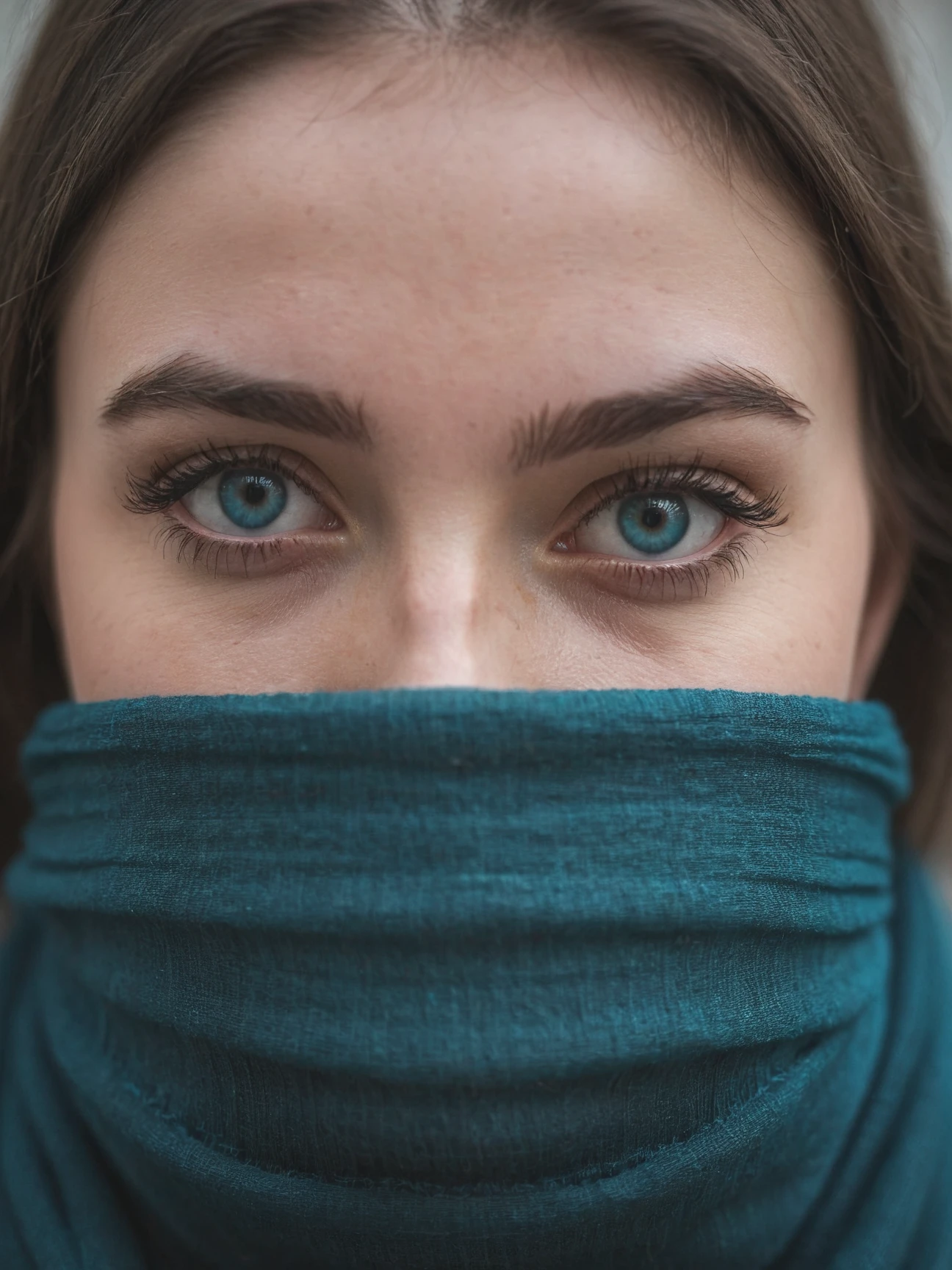 Close-up of a young woman's face partially obscured by a dark teal scarf, highlighting her striking blue eyes, long eyelashes, and well-defined eyebrows. The focus is sharp on her eyes with a soft bokeh background that creates a shallow depth of field. Her brunette hair frames her face, and the image has a cool color tone with a natural light setting. The composition is centered, creating an intimate and engaging portrait with a sense of mystery.