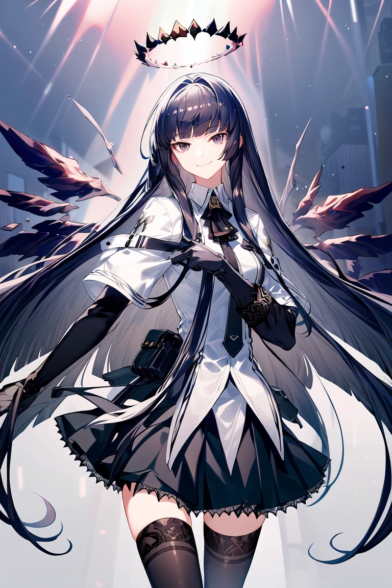 <lora:virtuosa:0.7>,1girl,solo,long hair,bangs,black hair,looking at viewer,very long hair,gloves,black gloves,halo,blunt bangs,closed mouth,wings,black skirt,black eyes,thighhighs,white shirt,best quality,masterpiece,absurdres,highres,smile,<lora:add_detail:0.6>,