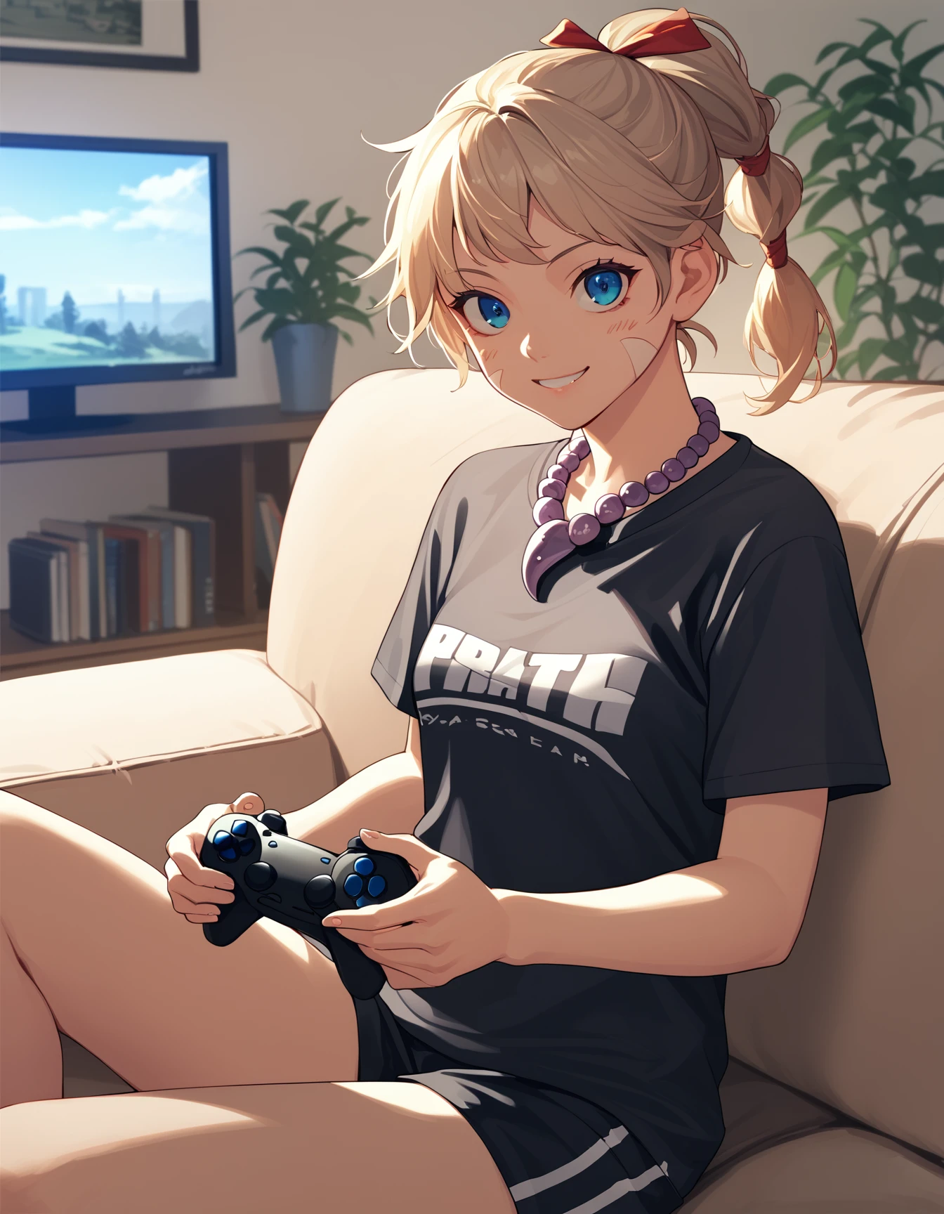 score_9,  score_8_up, score_7_up, source_anime <lora:kid-cc-ponyxl-000012:1> kdecc, facial mark, necklace, ponytail, streetwear,
1girl, relaxing, looking at viewer, smile, playstation controller, couch, indoors, plant