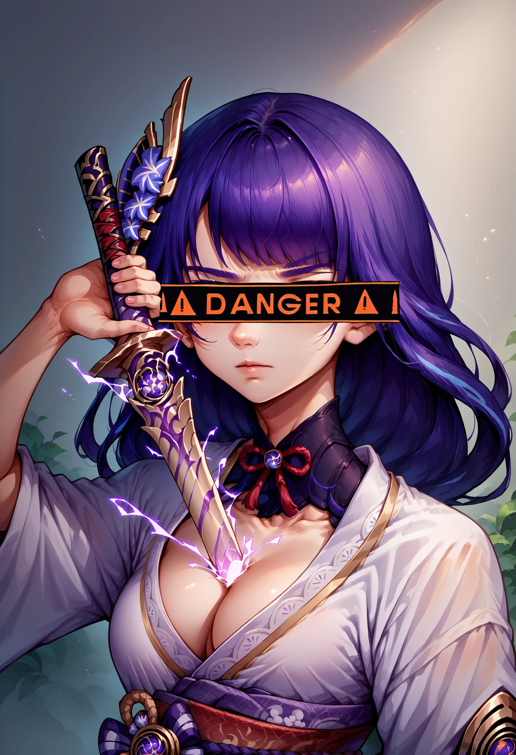 score_9, score_8_up, score_7_up, source_anime, 1girl, DangerCensor, identity censor, <lora:DangerEyeCensor_XLPD:1.2>, upper body, <lora:HumanScabbardV2_XLPD:1> human scabbard, holding, holding weapon, holding sword, electricity, cleavage, raiden shogun,