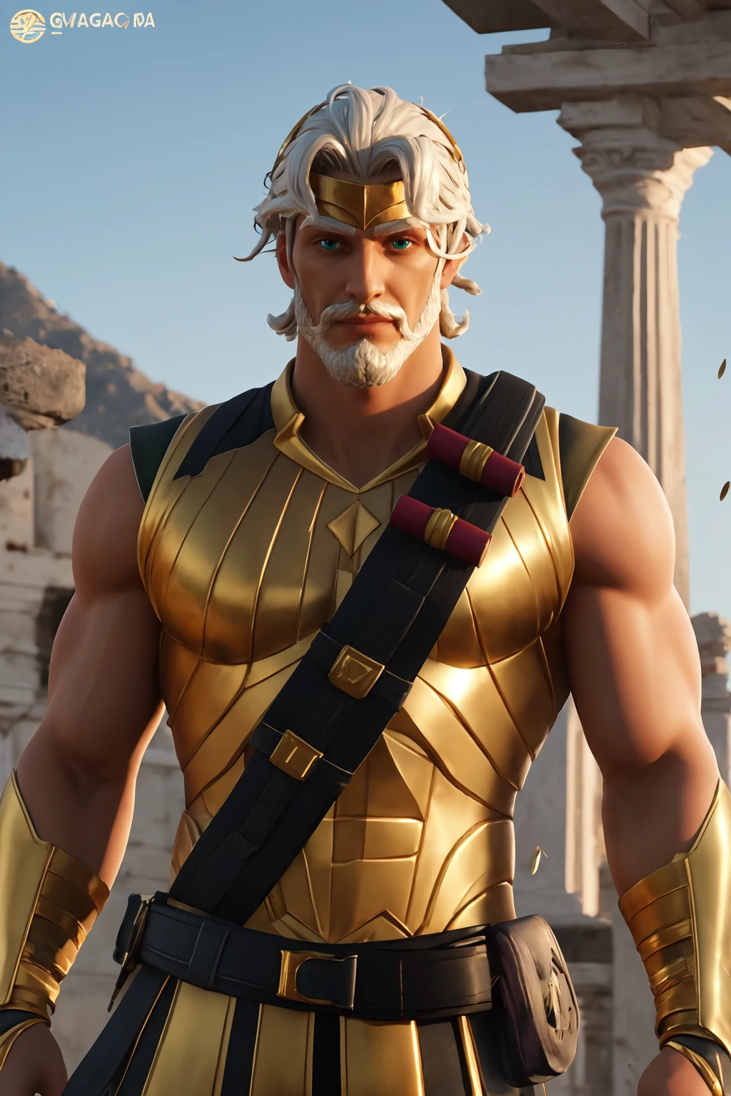 zeusfortniteV1, 1boy , mature male, looking at viewer,  white skin, white hair, green eyes, beard, mustache, male focus, facial hair, muscle,   <lora:zeusfortnite-09:0.5>, golden armor, shotgun shell bandolier,  grecia, sunlight,, masterpiece, 4k, high quality, highres, absurdres,