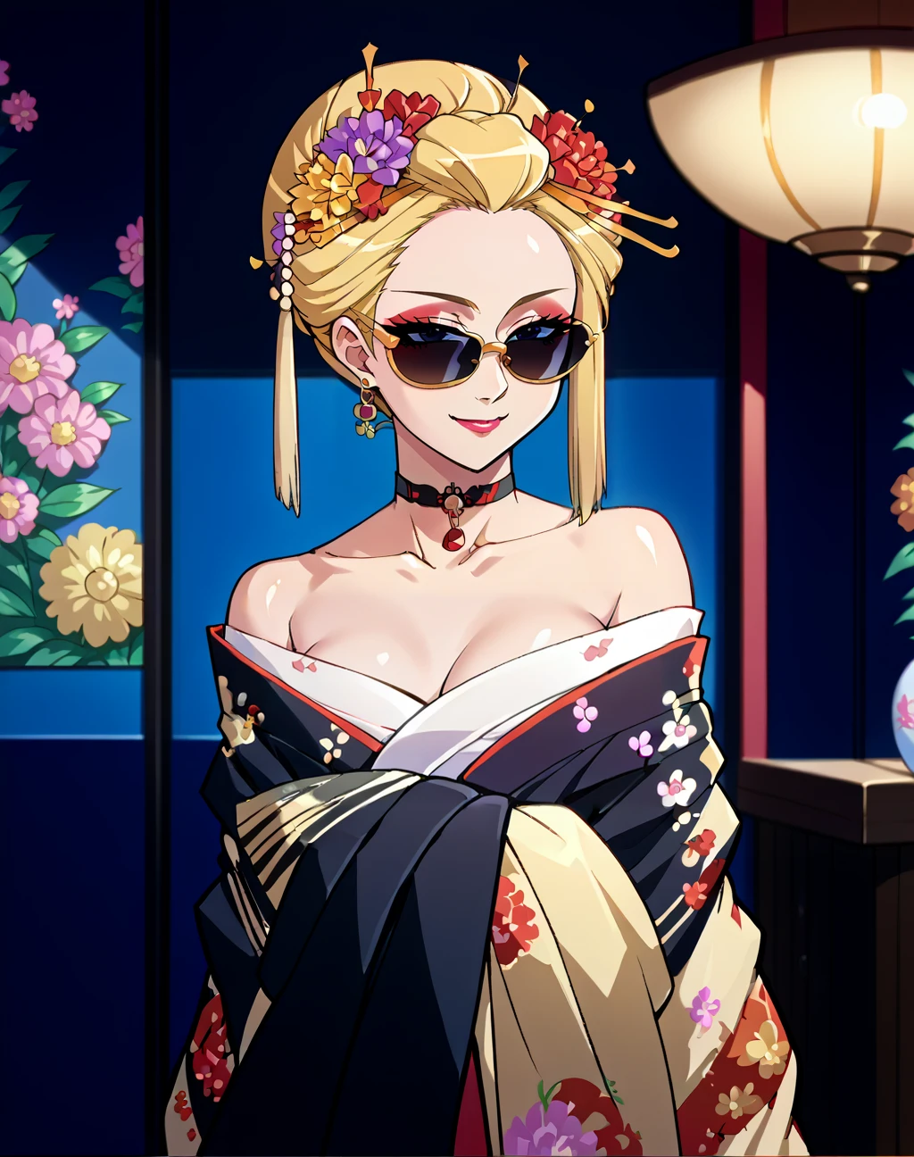 score_9, score_8_up, score_7_up, score_6_up, score_5_up, score_4_up, BREAK ,cowboy shot,1girl,solo,smile,source_anime,anime screencap,
beautiful edgOiran_woman,off-shoulder kimono,perfect edgOiran_face,perfect edgOiran_body,edgOiran_makeup,edgOiran_hairstyle,
<lora:edgOiranPonyv1:1>
<lora:edgNadiaPony:0.9> nadia, sunglasses, choker,((blonde hair))