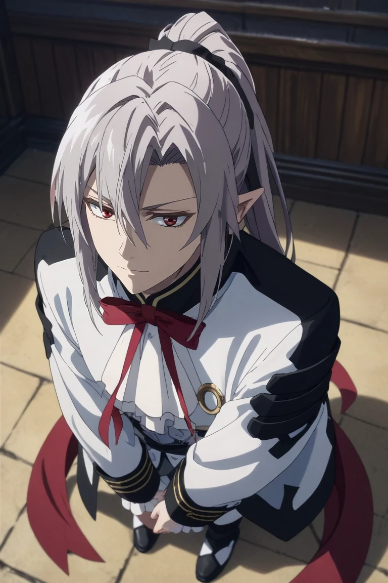 score_9, score_8_up, score_7_up, source_anime, rating_safe, intricate details, (realistic:0.6), , depth of field, 1boy, solo, male focus, <lora:ferid_bathory_pony:0.92>, ferid_bathory, grey hair, red eyes, long hair, hair between eyes, pointy ears, ponytail, from above, full body, bedroom, indoors, own hands together, expressionless, , <lora:sdxl_lightning_8step_lora:1>