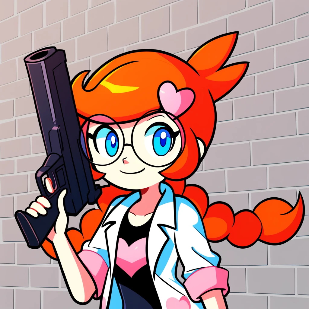 score_9_up, score_8_up, score_7_up, score_6_up, best quality, masterpiece, source_cartoon, detailed background, grey background, bricks, shadows, BREAK 1girl, solo, penny_(\warioware\), large head, orange hair, blue eyes, braids, glasses, pink hairpin, labcoat, black bodysuit, short sleeves, smile, holding gun, <lora:PDXL_Penny_WW:1>