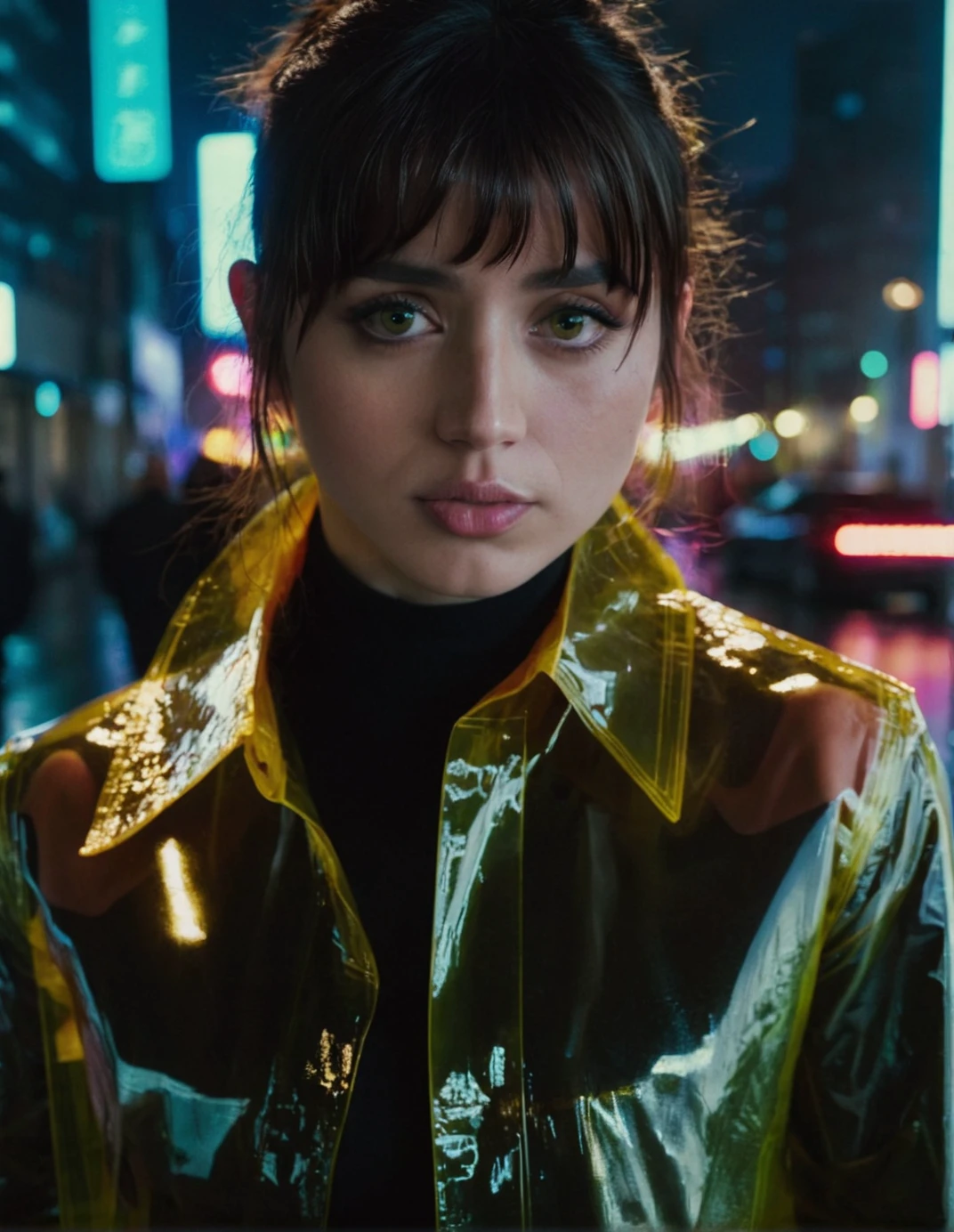 j0i woman,her hair is styled with bangs ,wearing raincoat,dramatic lighting,close-up,volumetric lighting,film grain,cinematic,looking at camera,depth of field,bokeh,cyberpunk cityscape background