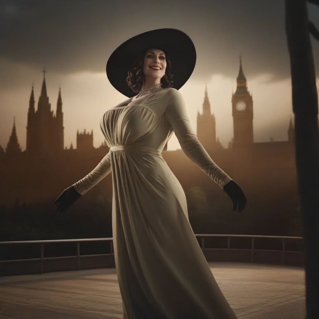 cinematic photo a full body woman with a dress and a hat, large breast, smile <lora:LadyDimitrescu1024:0.8> . 35mm photograph, film, bokeh, professional, 4k, highly detailed