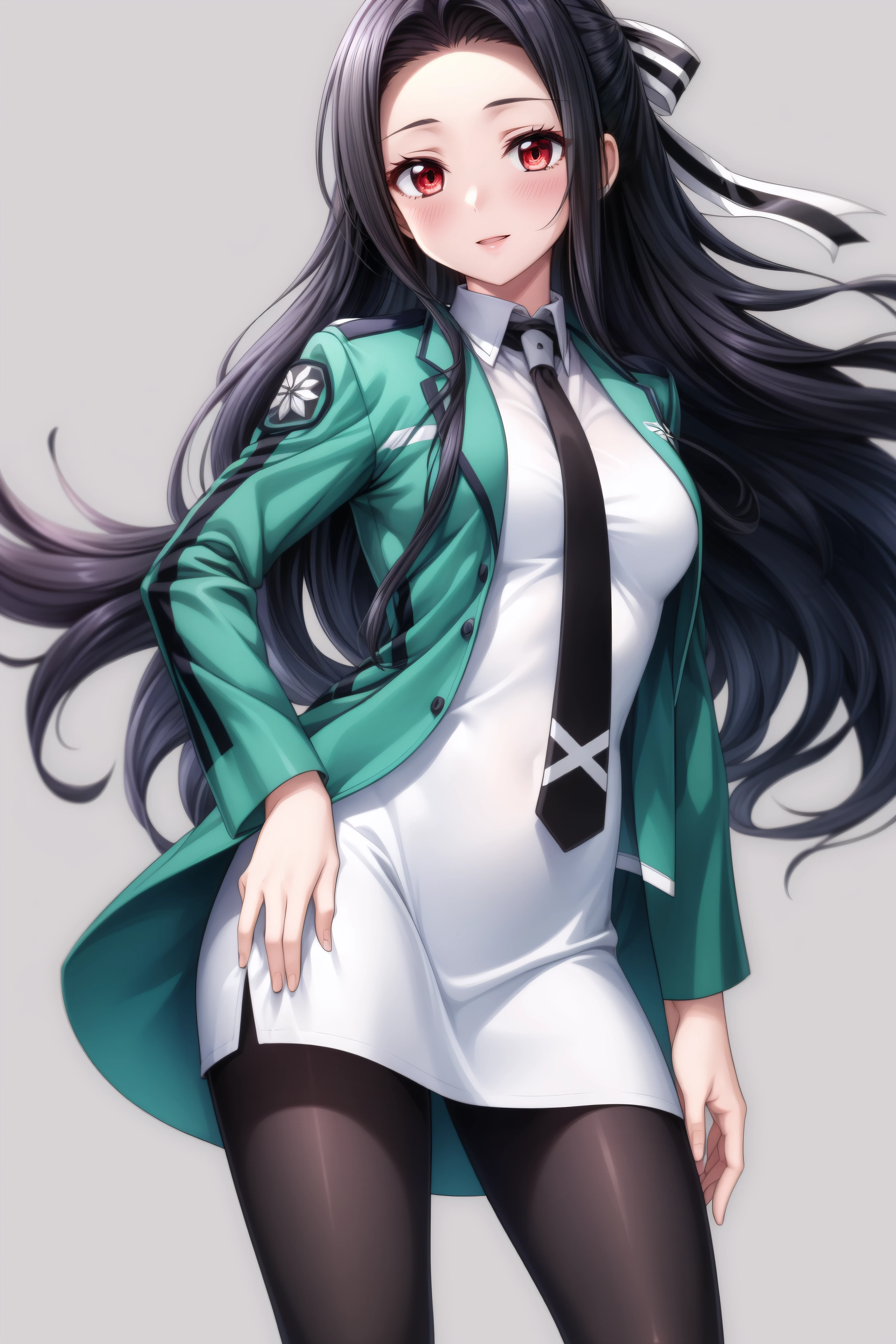 (masterpiece, best quality), <lora:Mayumi Saegusa-lora-Faxtron:0.8> mayumi saegusa, red eyes, black hair, long hair, medium breasts, striped ribbon, cropped green jacket, long sleeves, white dress, black necktie, pantyhose, standing, 
 <lora:add_detail:0.8>