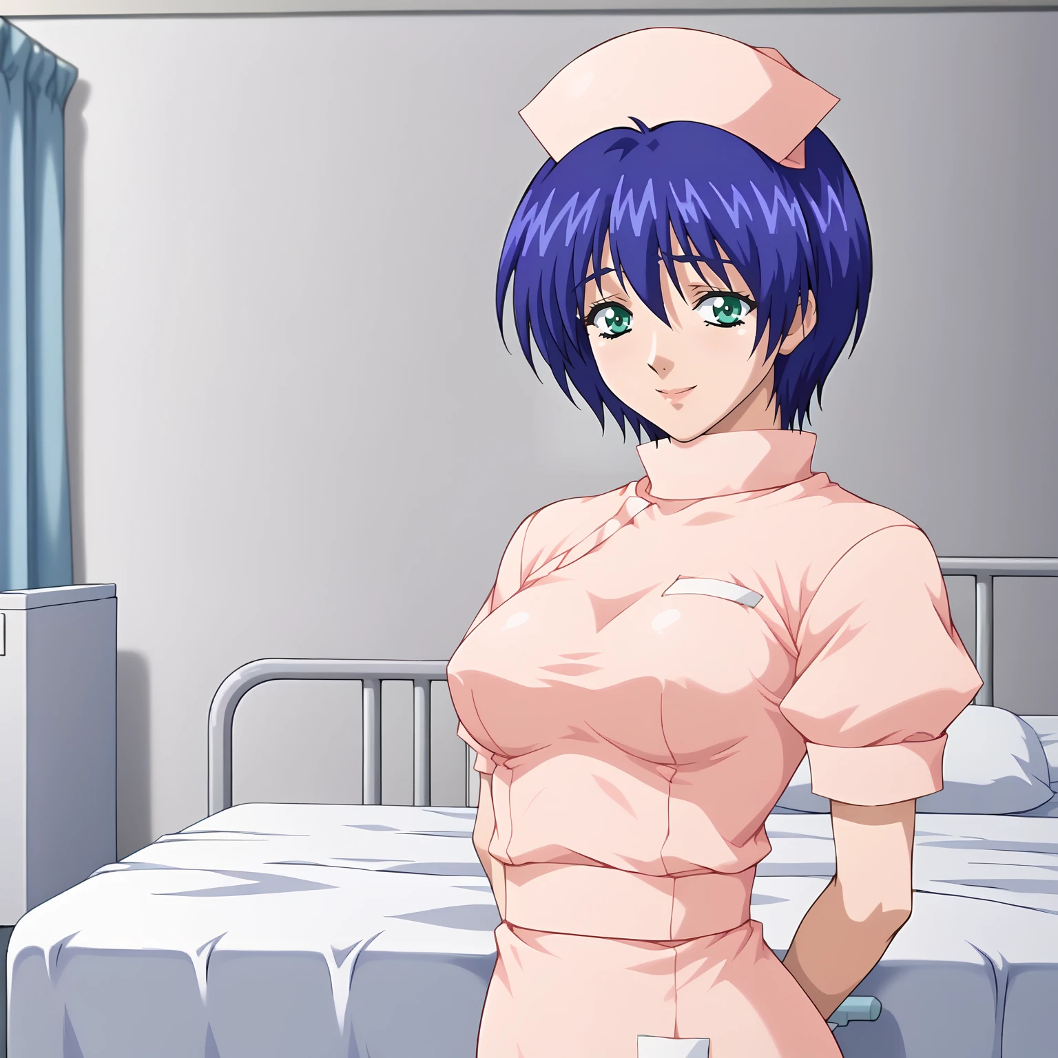 <lora:YumiAsakuraXLpony002>,smile,
solo,
YumiAsakura,1girl,blue hair,short hair,bangs,green eyes,
nurse_cap,nurse,