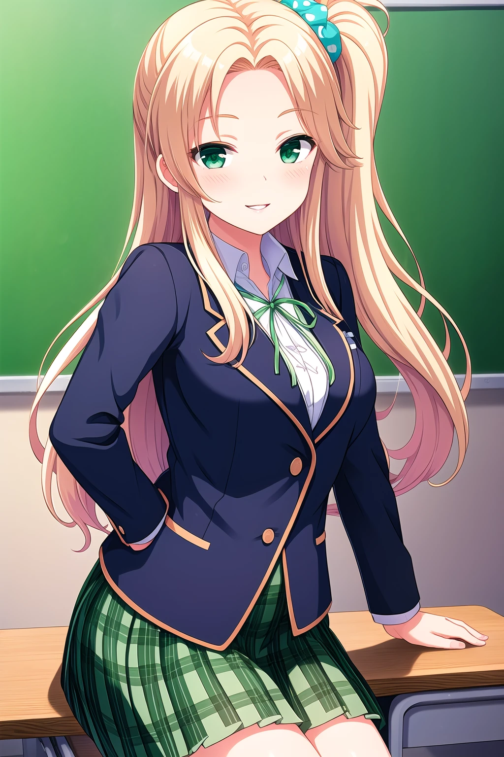 (masterpiece, best quality), highly detailed background, perfect lightingbest quality, hayashidakira, solo, indoors, classroom, blonde hair, one side up, hair scrunchie, green scrunchie, polka dot scrunchie, parted bangs, forehead, very long hair, green eyes, medium breasts, blue jacket, blazer, green ribbon, neck ribbon, white shirt, green skirt, plaid skirt, school uniform, smile, closed mouth, :), parted lips, pink lips, <lora:Hayashida-Kira:0.7>