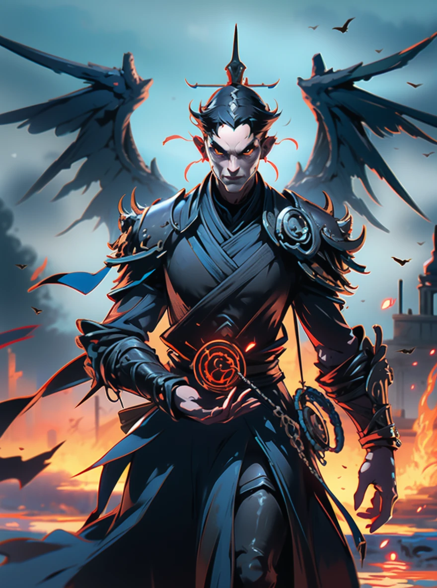 Masterpiece, Best Quality, (photorealistic:1.4), Mage With Black Wings, Ninja Mage, Flames, Water, Stronger Evil Mage, Stronger Body, <lora:BWarrior:0.66> <lora:Moommst:0.46>