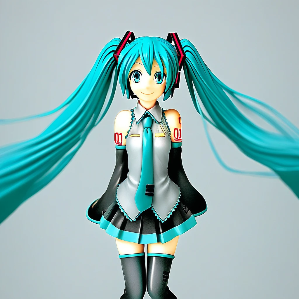 1girl, solo, hands behind back, smile, hatsune miku, twintails, detached sleeves, necktie, skirt, thighhighs, rating_safe