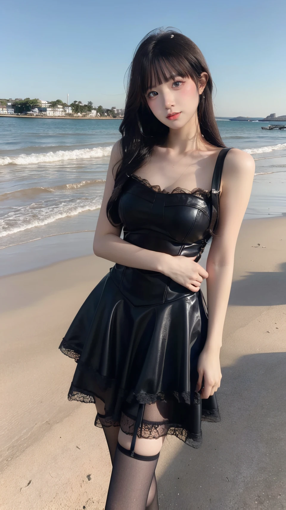 masterpiece,best quality,bright colors,solo,photo_,(1girl:1.3),(standing:1.3),(looking at viewer:1.4),Elegant,detailed gorgeous face,(cowboy shot:1.4),realistic,dappled sunlight,(seaside background:1.4),sun,nature,plant,,MIS,lace,black dress,leather,black thighhighs,<lora:MIS43:0.75>