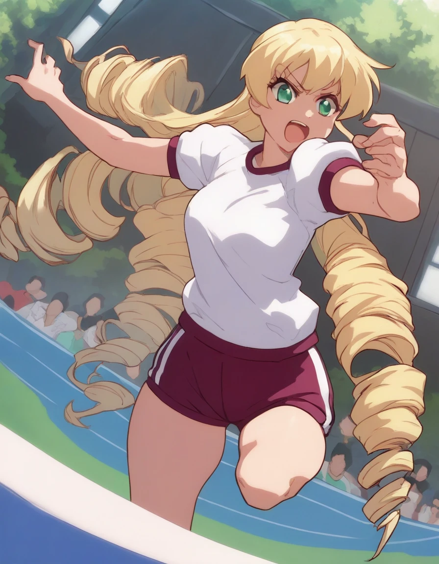 <lora:Smooth Anime 2 Style SDXL_LoRA_Pony Diffusion V6 XL:0.8> score_9, score_8_up, score_7_up, score_6_up, score_5_up, score_4_up, source_anime, BREAK, <lora:Nanjo Misao PONY:1> 1girl, nanjo misao, blonde hair, long hair, green eyes, drill hair, gym uniform, dynamic pose