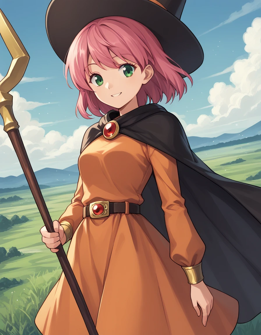 score_9, score_8_up, score_7_up, source_anime,
lennacharlottetycoon, <lora:lenna-charlotte-tycoon-ponyxl-lora-nochekaiser:1>,
short hair, green eyes, pink hair,
magicianlenna, bangs, long sleeves, hat, dress, belt, cape, staff, orange dress,
outdoors, landscape, smile,
looking at viewer, solo, cowboy shot, dutch angle,