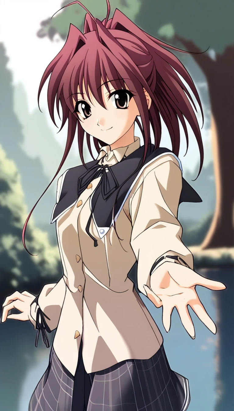 1girl,
miyabi,memories off 4,long sleeves hamasaki uniform,longmiyabi,
upper body,solo,looking at viewer,smile,looking at viewer,river, tree, forest,outstretched hand,
masterpiece,best quality,absurdres,safe