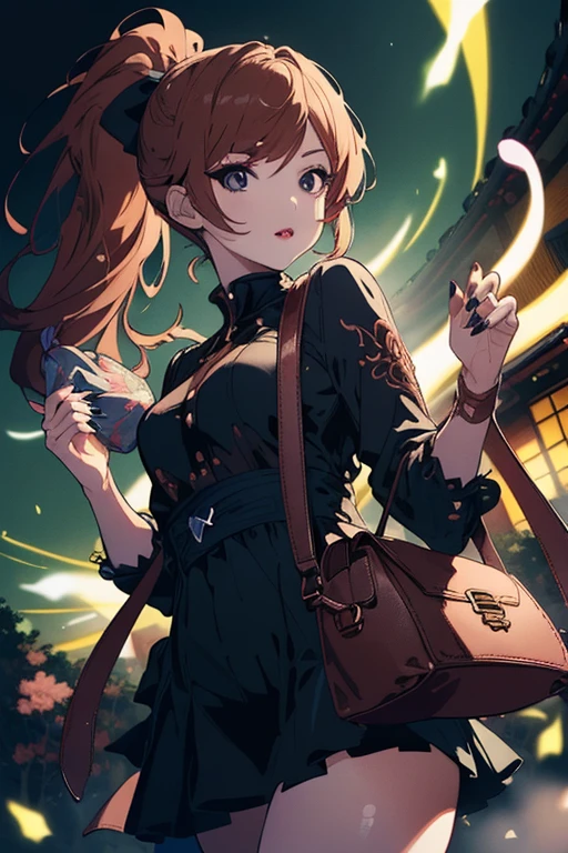 (((masterpiece,best quality,ultra-detailed))),(Japan Anime style, illustration:1.36),bishoujo,1girl,solo,(((Highly-detailed eyes,black eyes,black Iris))),(eyeliner,eyelashes,eyeshadow,lips,random_color_lipstick,random_color_nail_polish,makeup),((Copper Hair,high ponytail,top-down,Looking At Hands,medium shot,Light painting,Flying,holding_bag,Disgust,)),<lora:BlackScleraSlider_v1:1>,