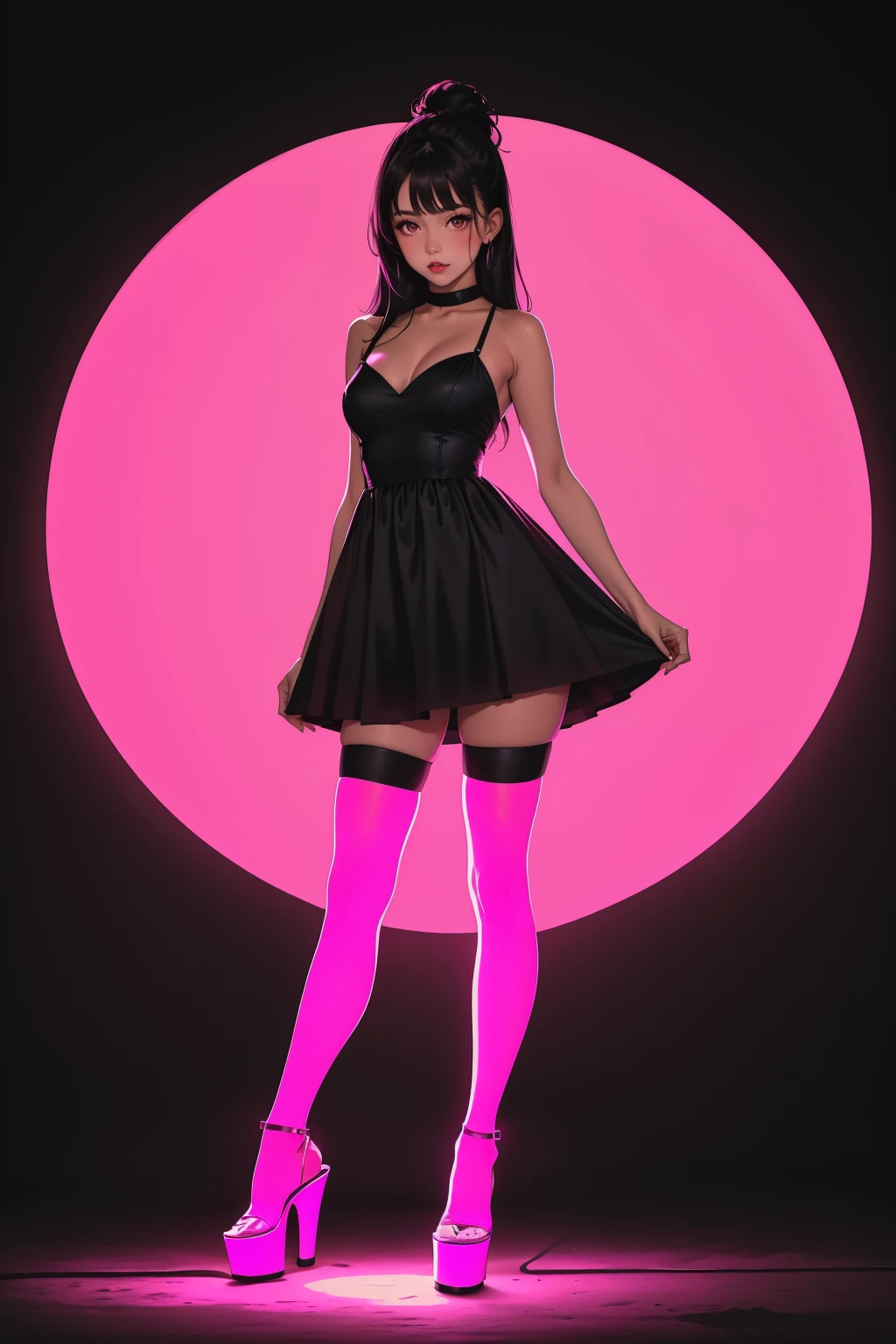 1girl, glowing neon pink platform heels, glowing neon pink thighhighs, black hair, brown eyes, black dress, <lora:neonthighlingerieheelssd15:0.5>